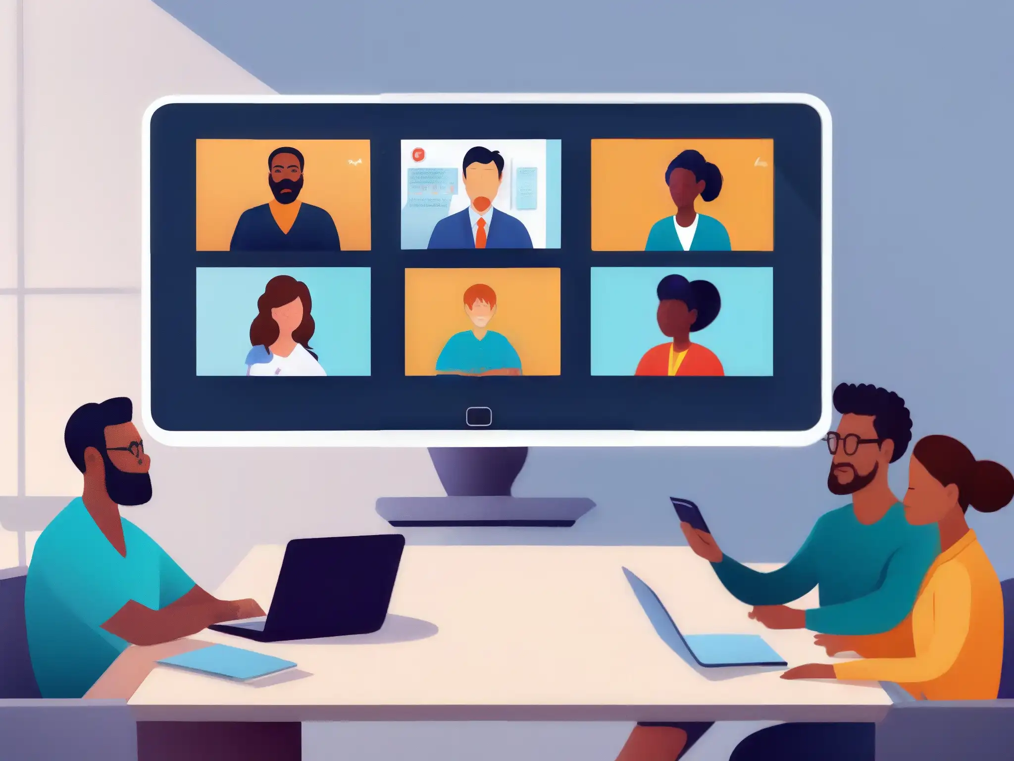 Videoconferencia inclusiva en detalle 8k Una vibrante videoconferencia con énfasis en la accesibilidad cognitiva en videoconferencias, mostrando inclusividad y expresiones faciales diversas