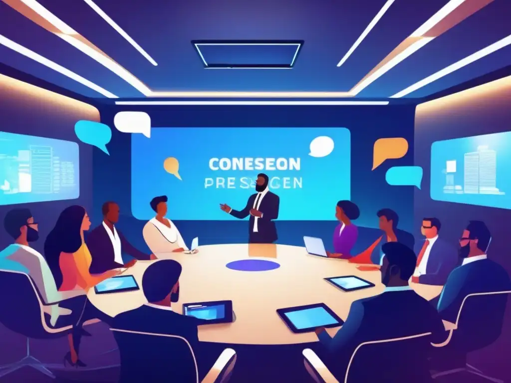 Conferencia virtual de negocios: innovación y profesionalismo Vibrante videoconferencia de startups con profesionales en un espacio virtual moderno y futurista