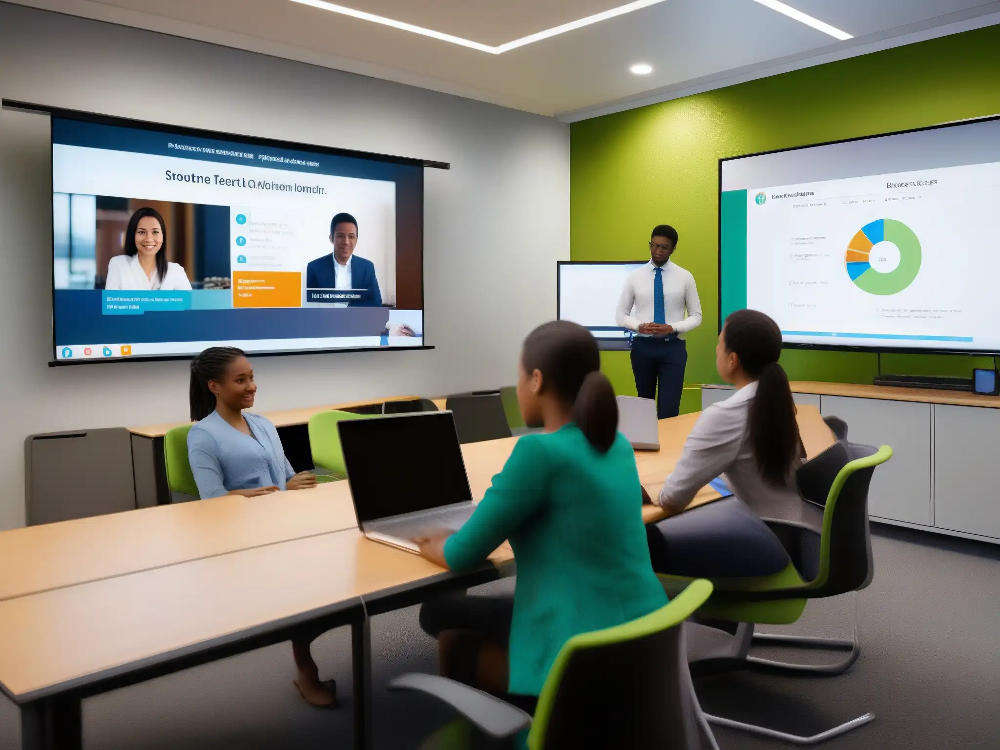 Clase virtual segura: tecnología y compromiso educativo Teacher and students in a secure video conference, highlighting educational safety protocols