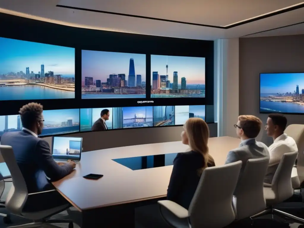 Videoconferencia profesional con tecnología avanzada Una videoconferencia de alta calidad con códecs de video avanzados en un entorno profesional y moderno, con participantes comprometidos