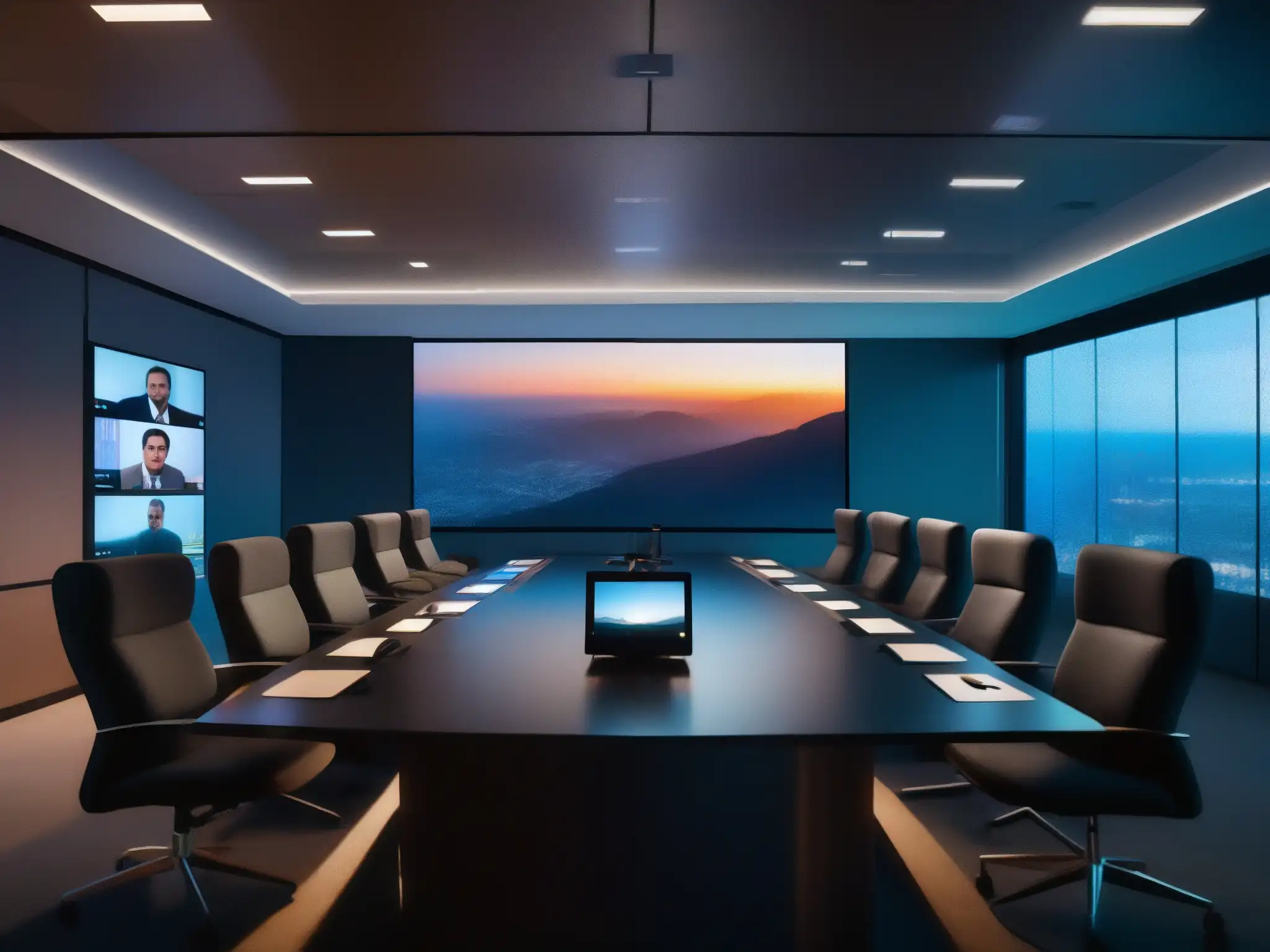 Conferencia virtual en sala iluminada: expresiones determinadas Una videoconferencia de alta calidad en un entorno oscuro, con participantes determinados y una atmósfera profesional y vanguardista