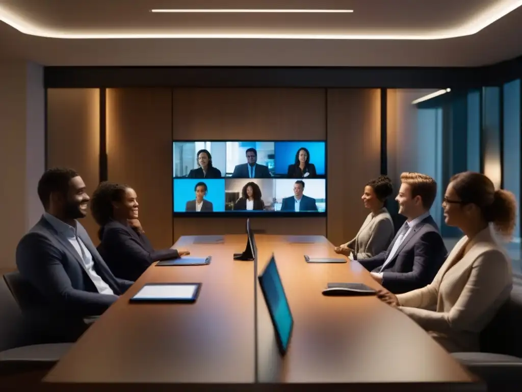 Videoconferencia de alta calidad en sala de reuniones Videoconferencia de alta calidad en entornos oscuros con Skype, ambiente profesional y cálido