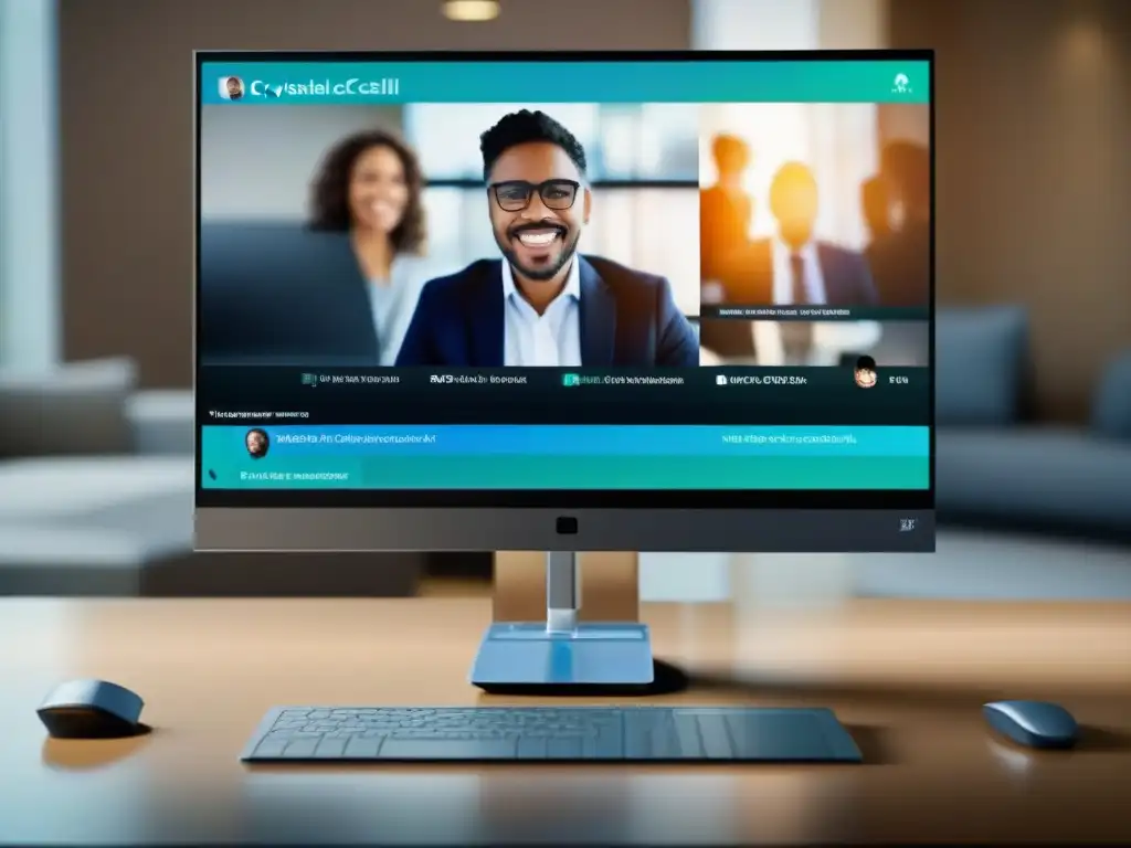 Interfaz de videoconferencia de alta definición Una videoconferencia de alta calidad con interfaz avanzada y colores vibrantes, mostrando optimización y rendimiento óptimo en software de videoconferencia moderno