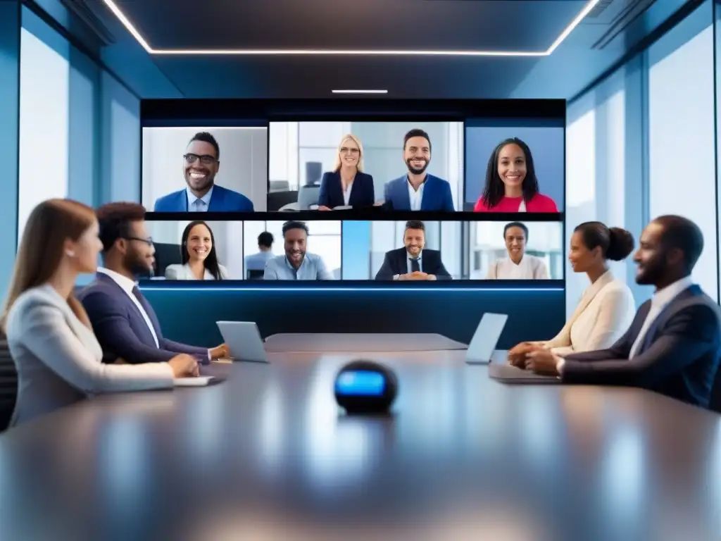 Conferencia virtual de alta definición: participantes y entorno moderno Una videoconferencia de alta calidad con participantes en un entorno profesional y moderno, transmitiendo menor latencia en videoconferencia