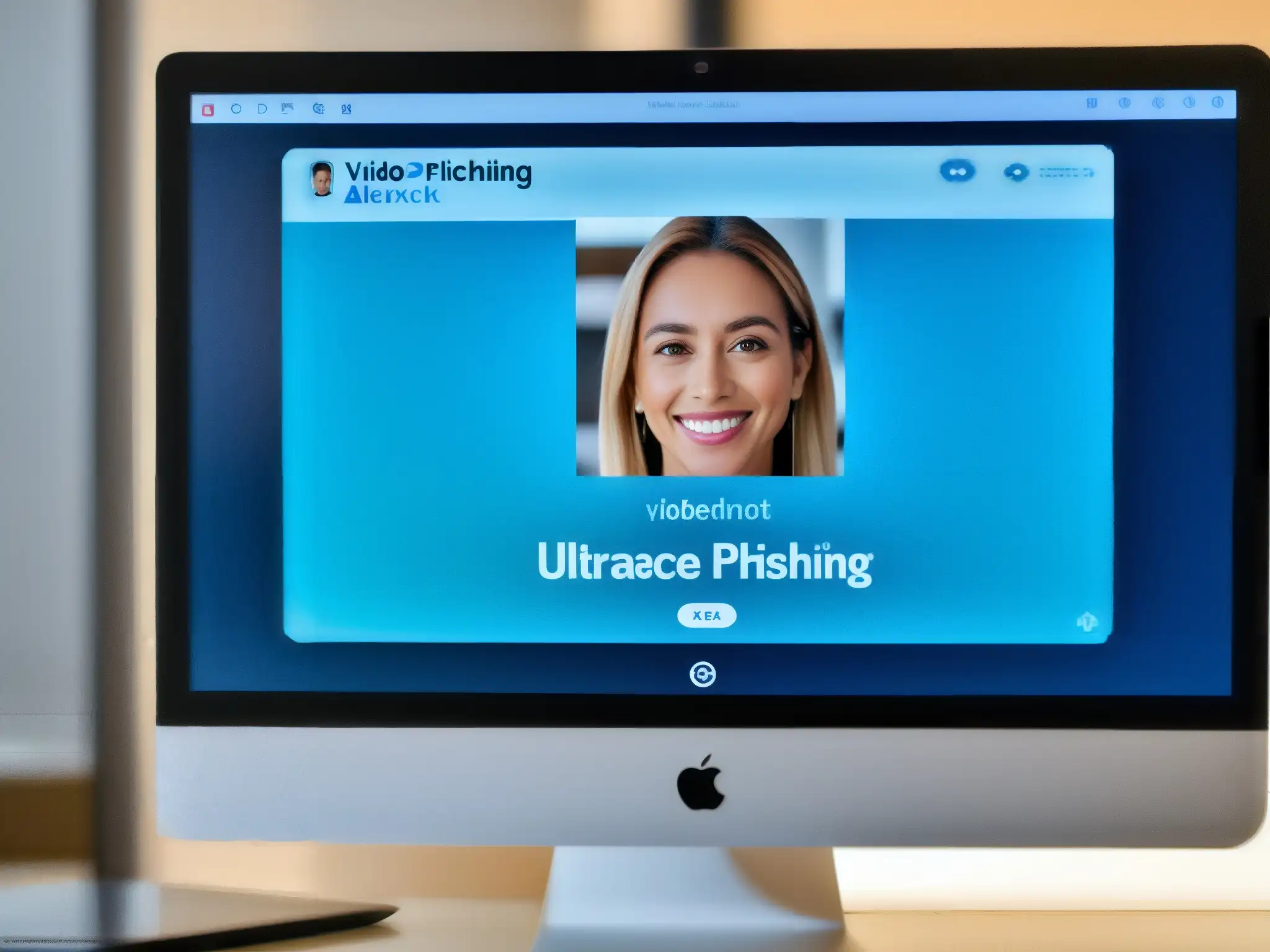 Videoconferencia con alerta de phishing en la oficina virtual Videoconferencia detectando y evitando ataques de phishing en un entorno profesional moderno y brillante