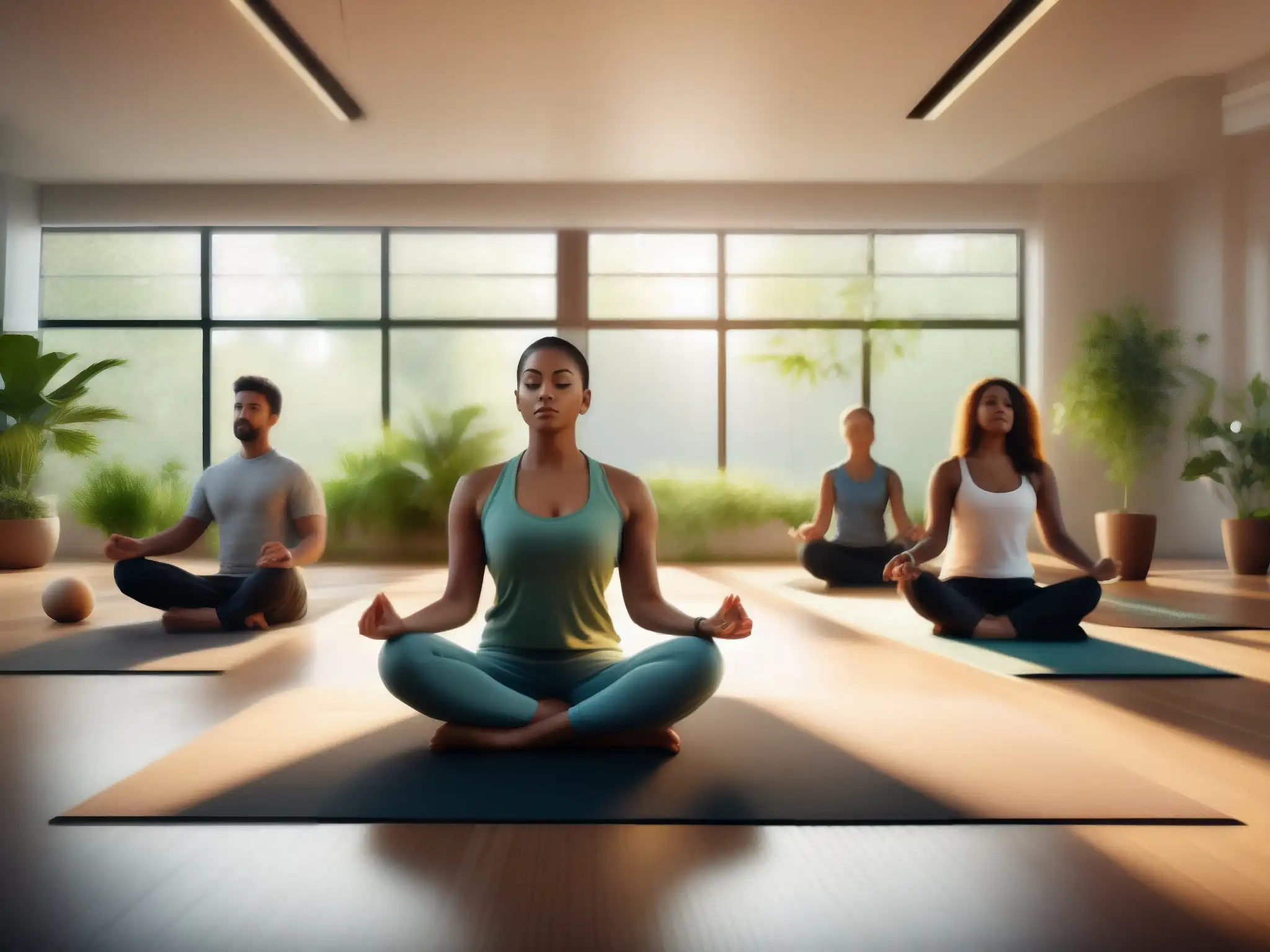 Clase de mindfulness en aula moderna Sesión de mindfulness en videoconferencia en un aula moderna y serena con luz natural y plantas, generando calma y enfoque