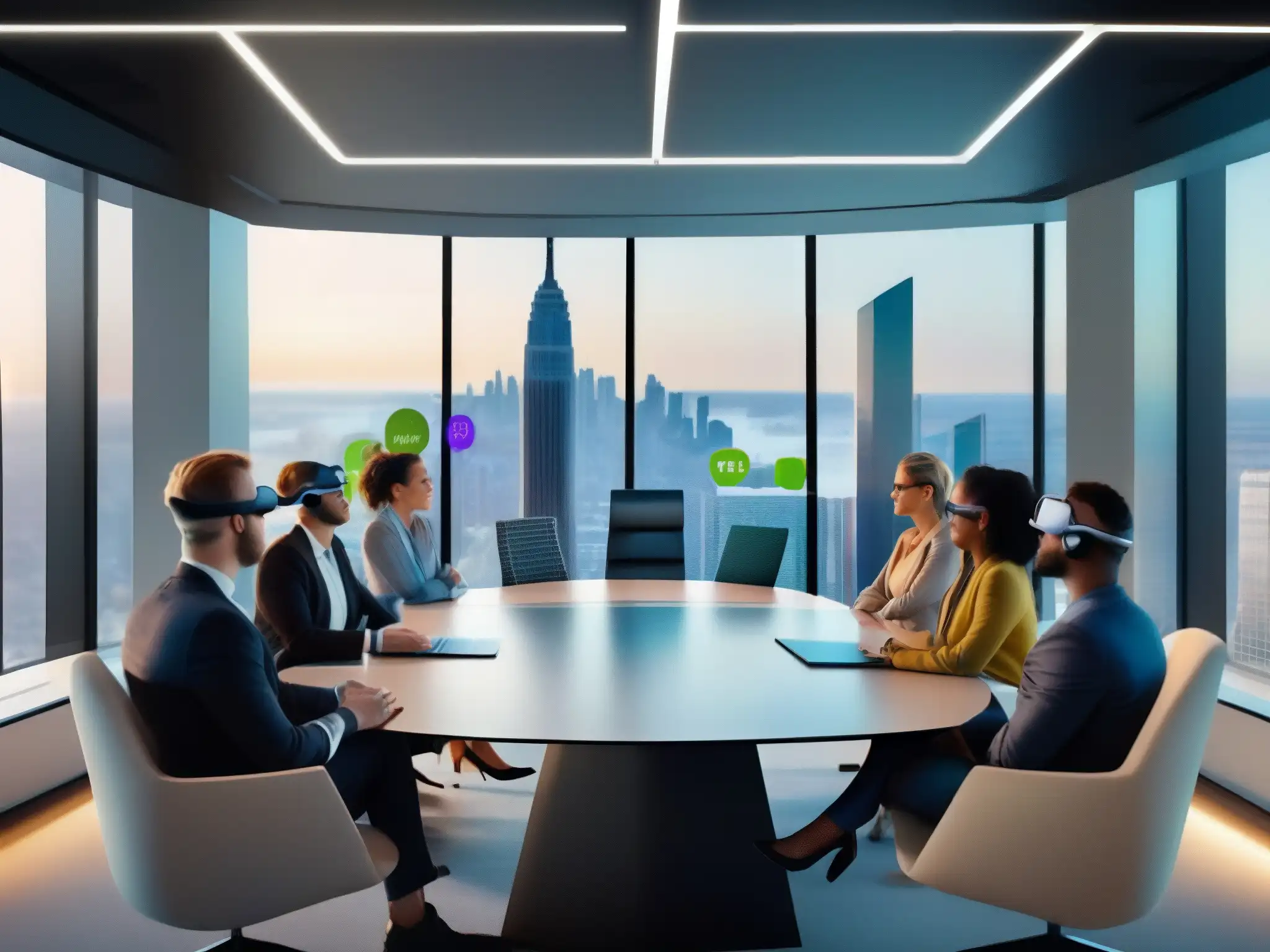 Reunión virtual de realidad aumentada en sala moderna Una videoconferencia corporativa con realidad aumentada, integrando elementos virtuales en un ambiente moderno y dinámico