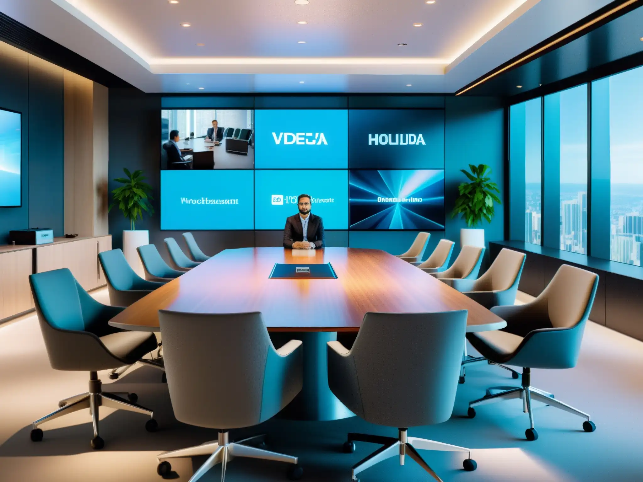 Reunión de realidad aumentada: sala de juntas futurista Una videoconferencia corporativa con realidad aumentada en un moderno y elegante entorno de sala de juntas, fusionando lo virtual con lo real