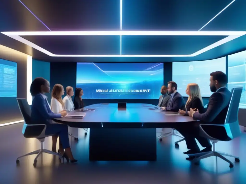 Reunión corporativa futurista con realidad aumentada Una videoconferencia corporativa con realidad aumentada en un entorno futurista y profesional de alta tecnología