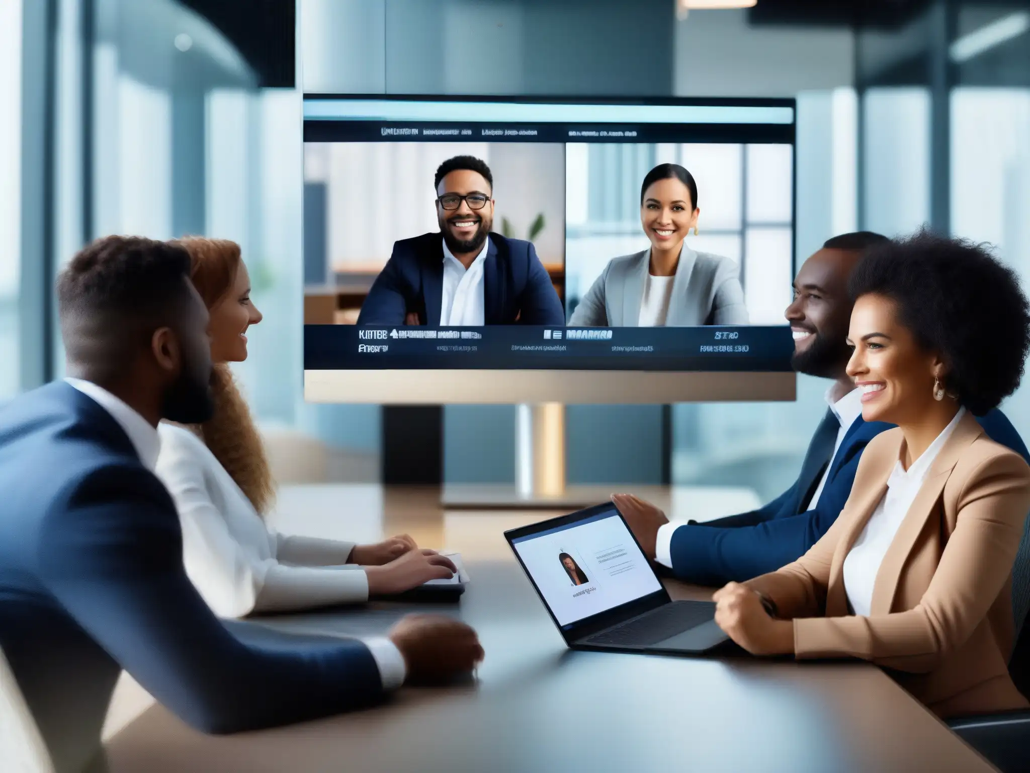 Videoconferencia profesional: diversidad, colaboración y entusiasmo Una videoconferencia dinámica y colaborativa en una sala moderna
