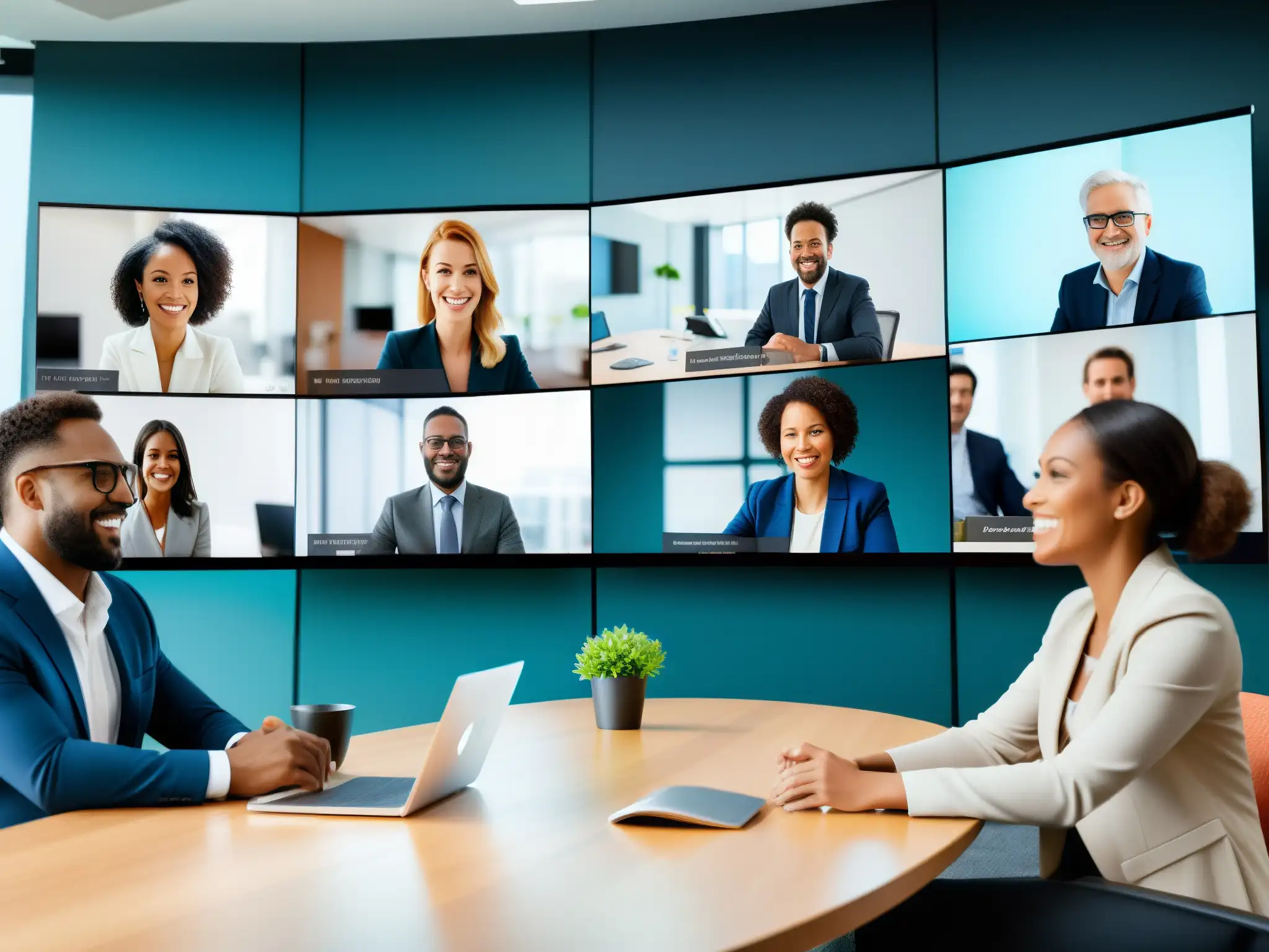 Videoconferencia dinámica con funciones avanzadas Videoconferencia dinámica con funcionalidades exclusivas y grupo diverso en moderno entorno profesional