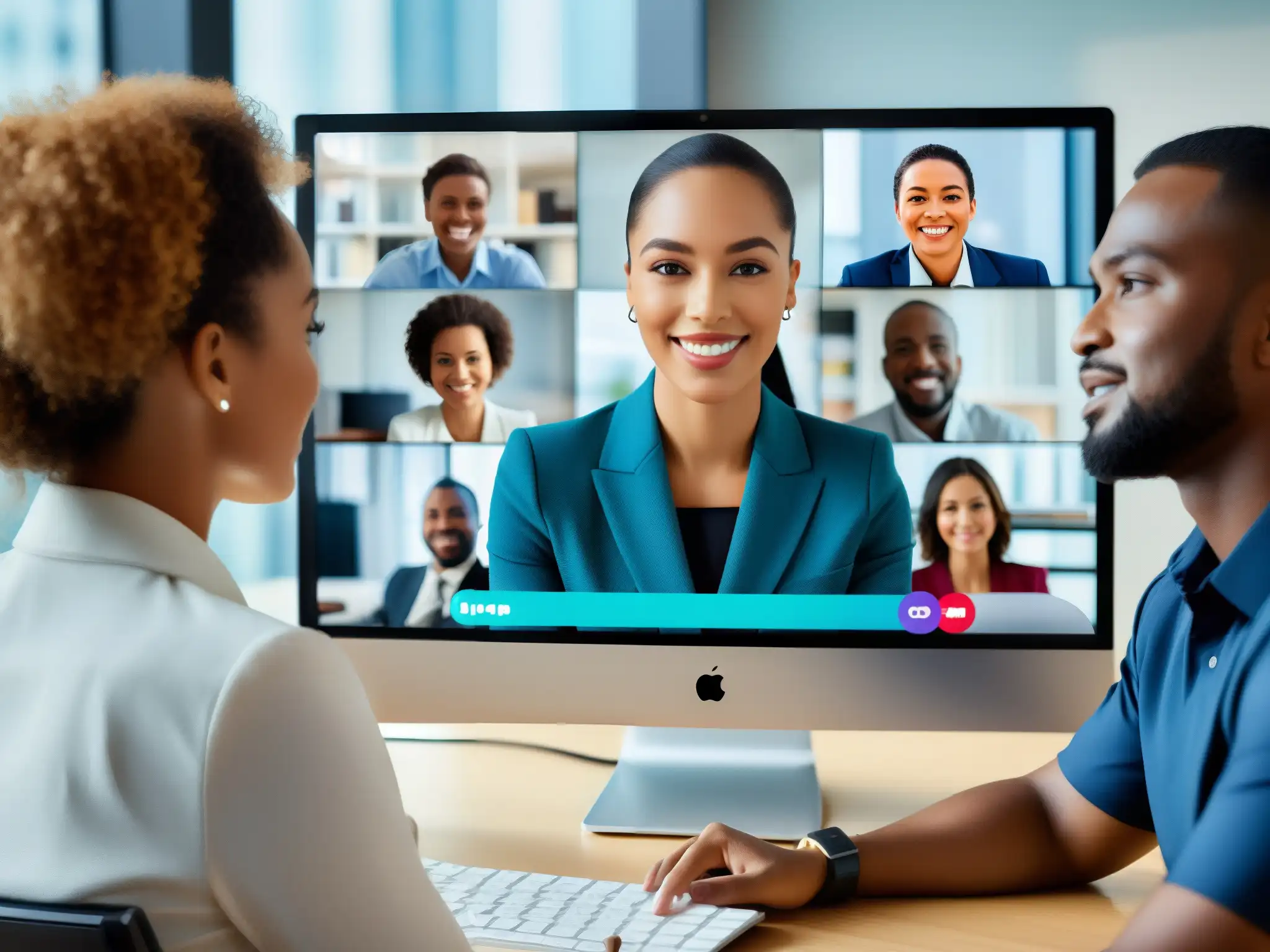Videoconferencia dinámica en oficina moderna Una videoconferencia dinámica con participantes comprometidos en una atmósfera profesional y tecnológica