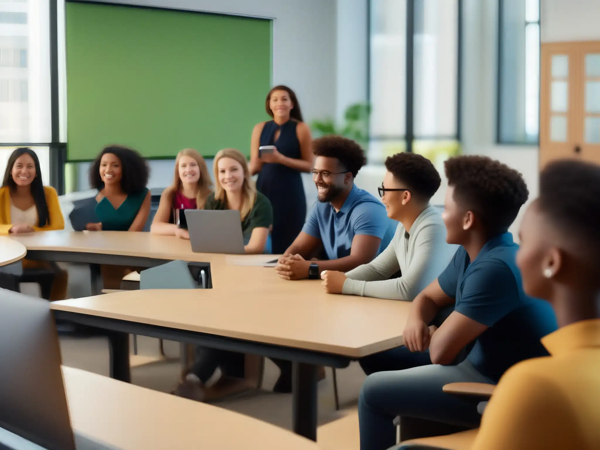 Aula virtual dinámica: profesor y estudiantes interactúan con entusiasmo Una videoconferencia educativa personalizada con estudiantes participativos y un entorno moderno y dinámico