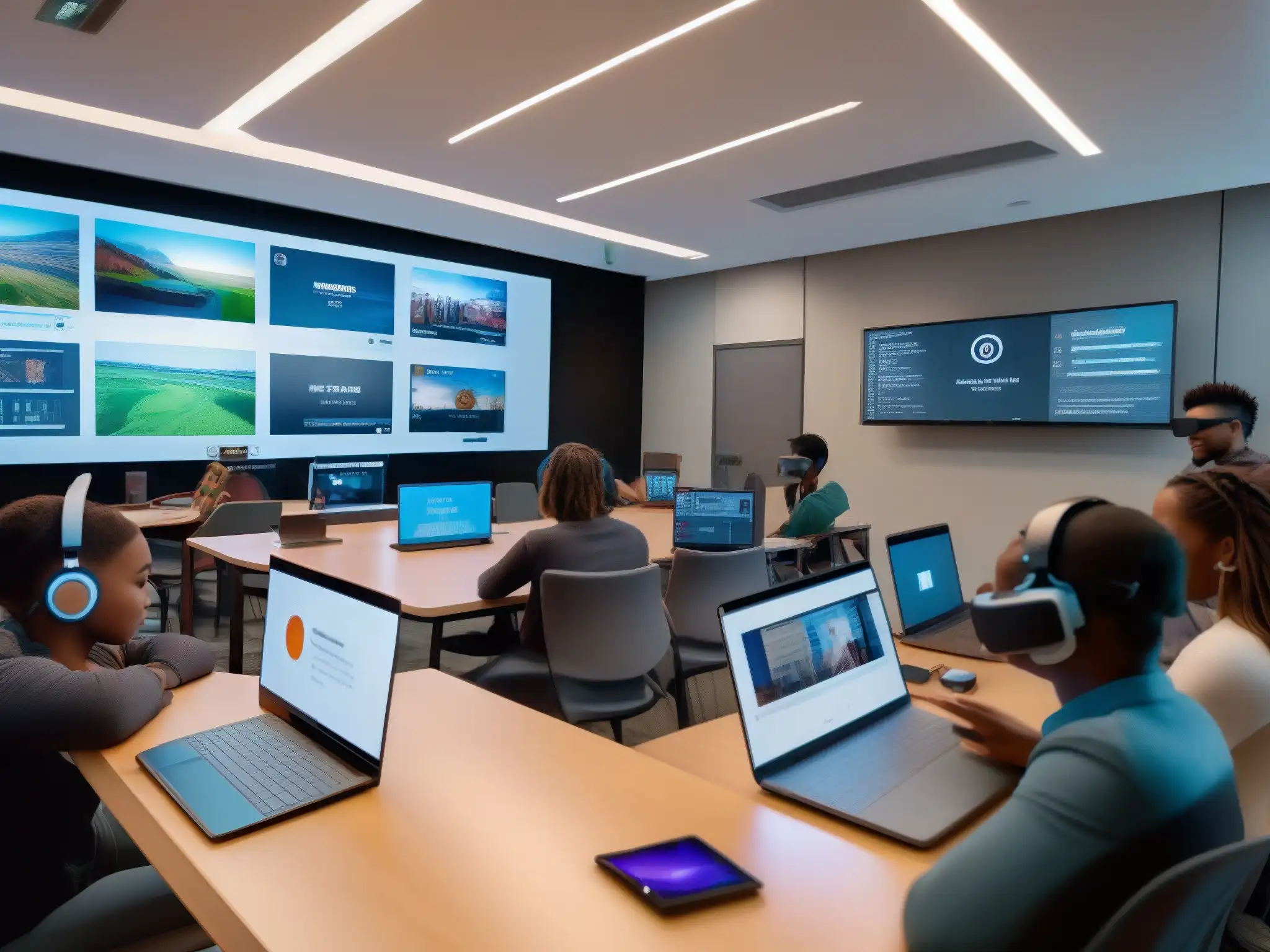 Clase virtual interactiva con recursos multimedia Una videoconferencia educativa con recursos multimedia, estudiantes y profesor interactuando en un aula virtual futurista y dinámica