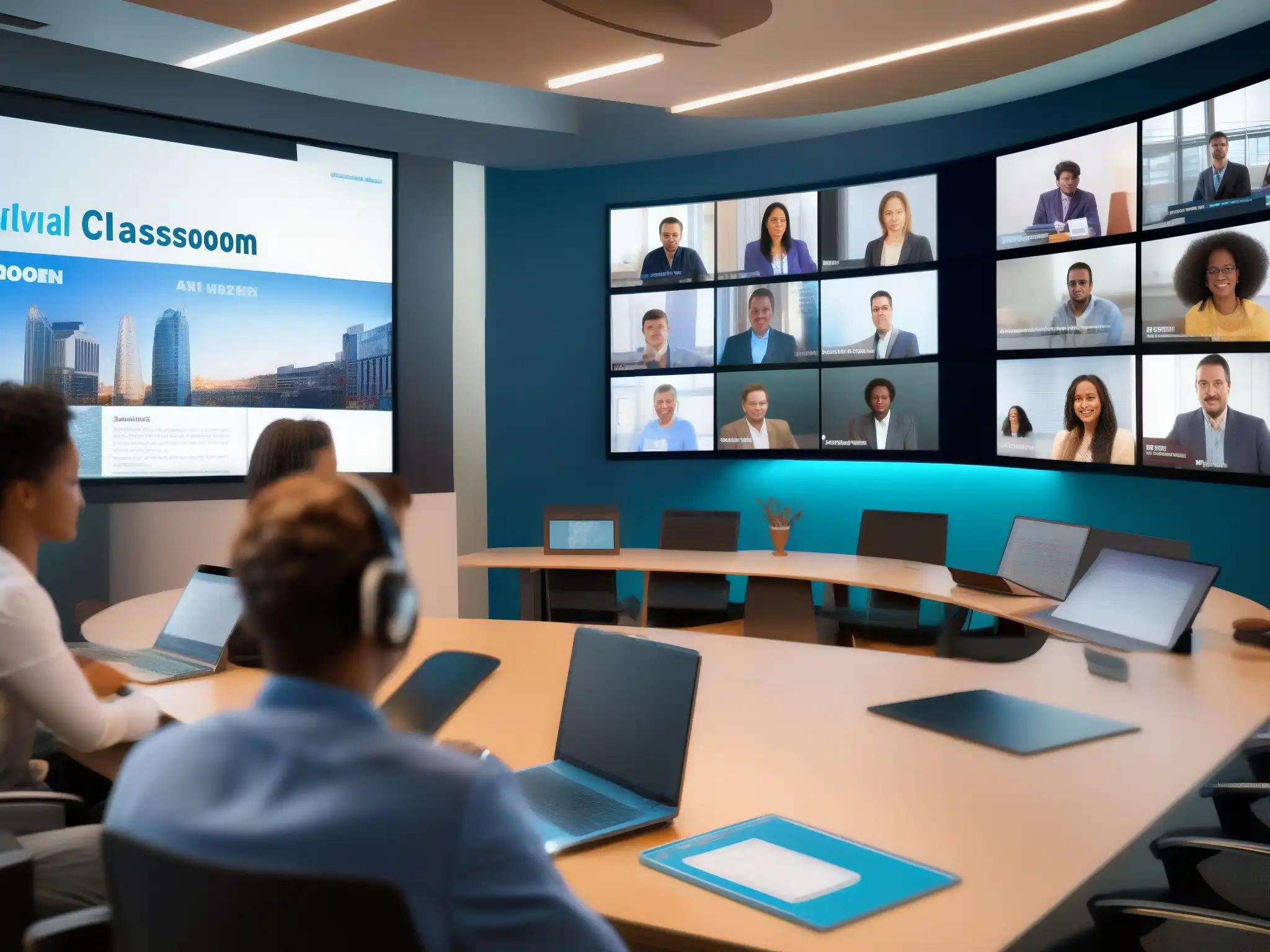 Clase virtual interactiva con estudiantes y contenido multimedia Una videoconferencia educativa con recursos multimedia en un aula virtual moderna y dinámica