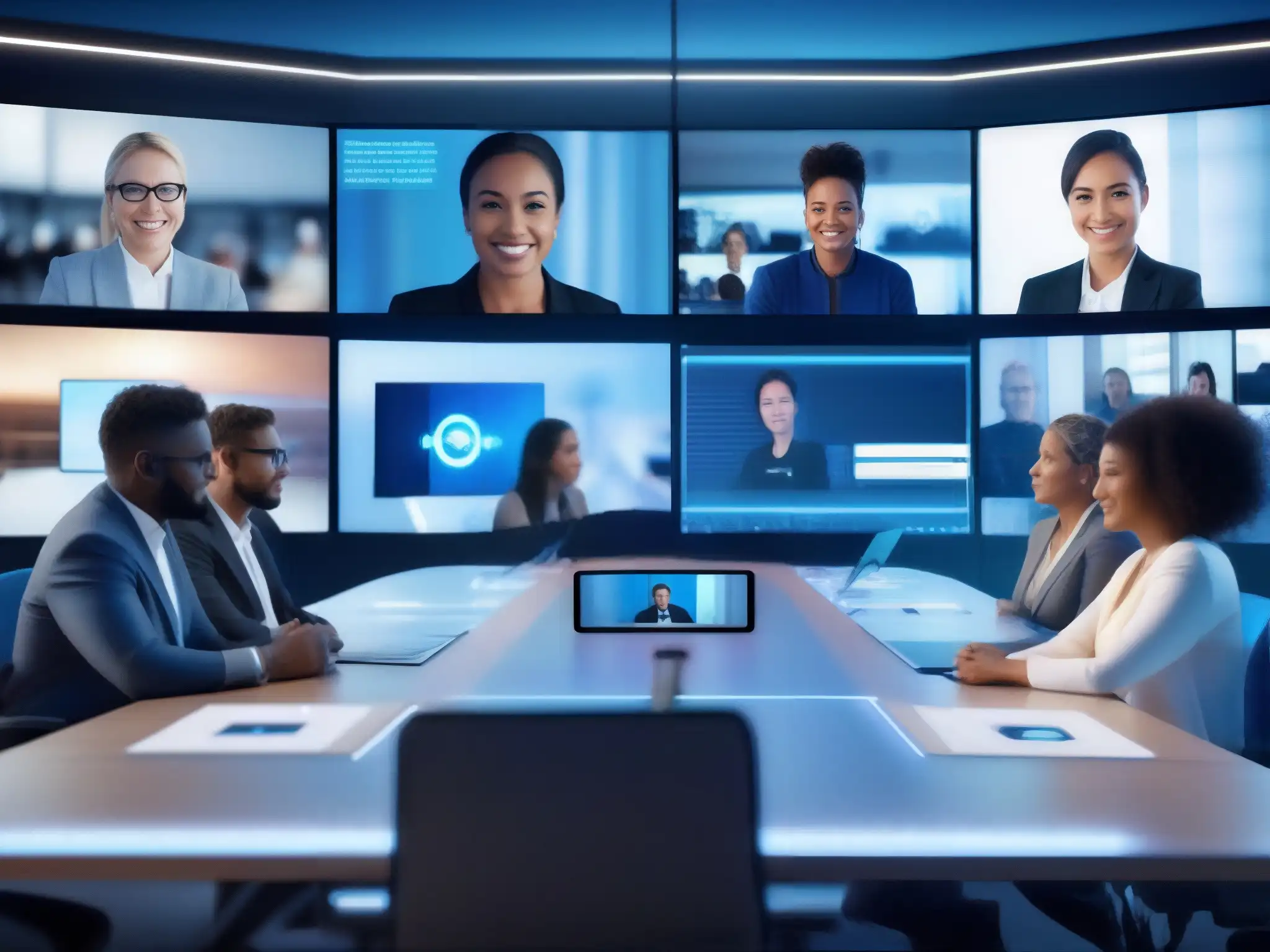 Sala de videoconferencias virtual segura y moderna Videoconferencia educativa con seguridad de datos y diversidad de participantes en sala virtual moderna y futurista