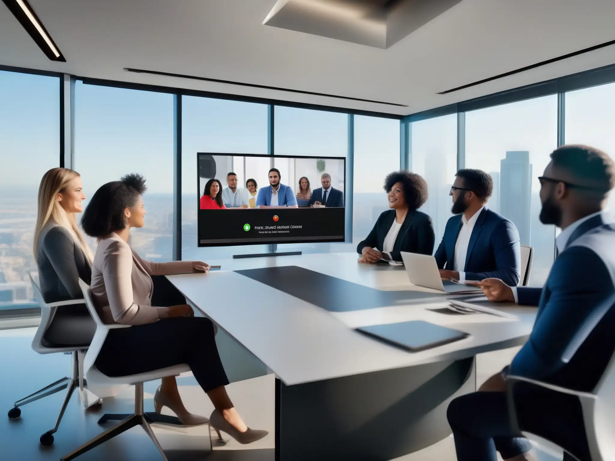Profesionales colaborando en videoconferencia con Zoom Una videoconferencia eficiente con profesionales colaborando en un moderno espacio de oficina, usando la plataforma Zoom