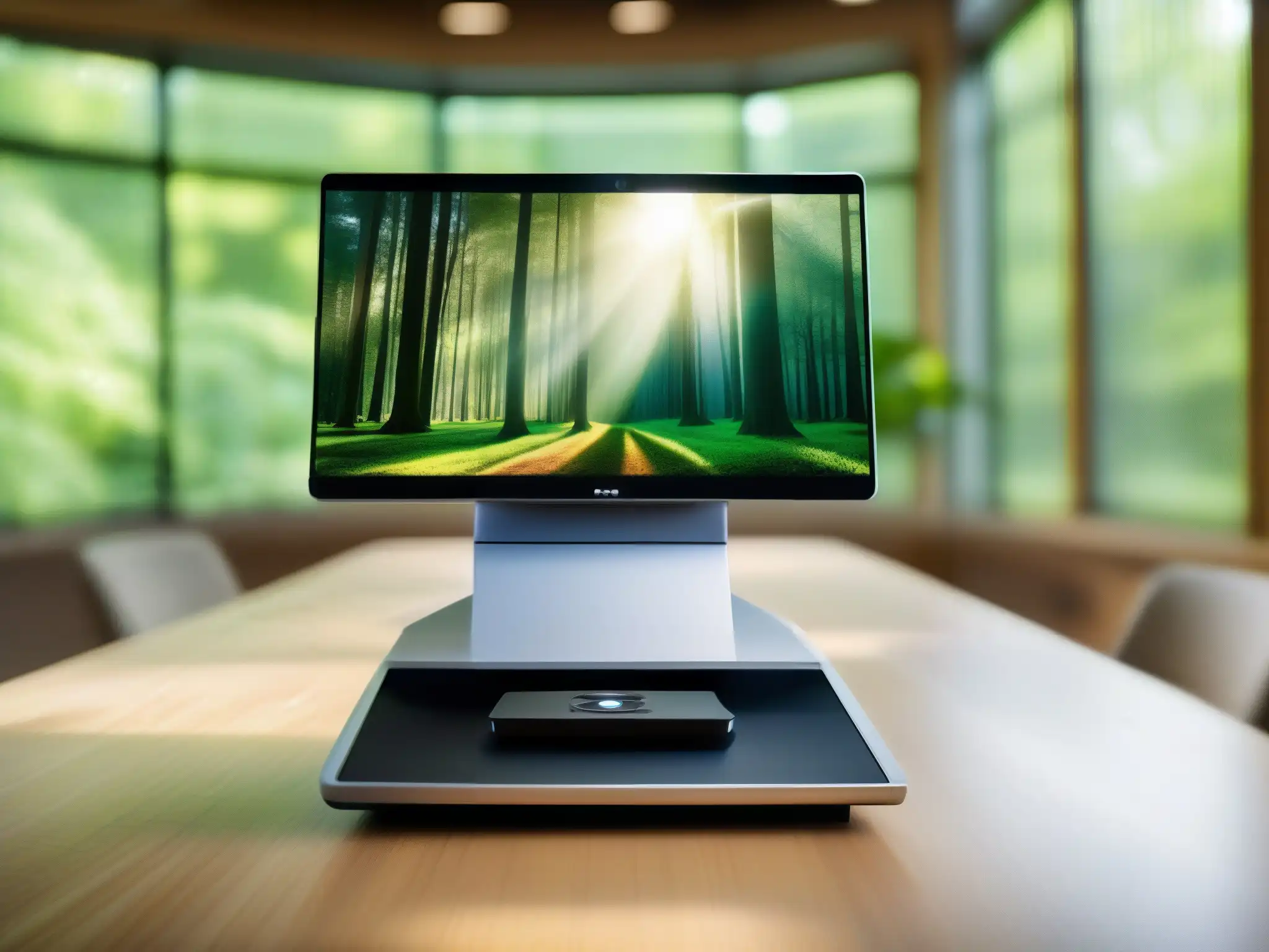 Videoconferencia natural: pantalla HD en bosque verde Una videoconferencia en un entorno natural, con impacto ambiental positivo y tecnología moderna