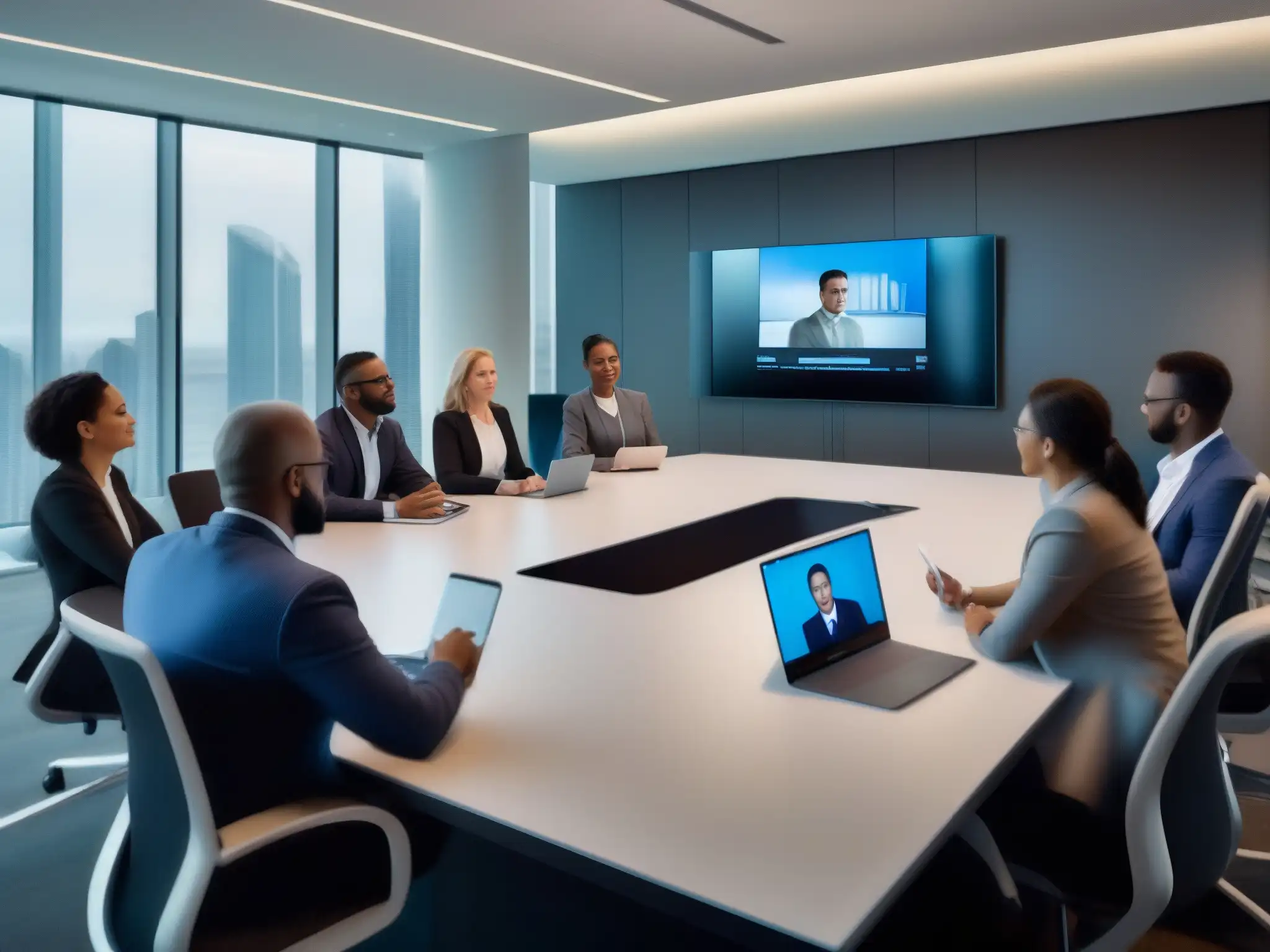 Sala de reuniones moderna con videoconferencia dinámica Una videoconferencia exitosa en un entorno profesional y moderno, reflejando técnicas efectivas para videoconferencias