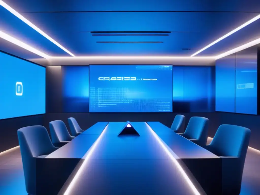 Salas de videoconferencia futuristas: seguridad y privacidad Videoconferencia futurista con claves seguridad datos, pantallas transparentes y conexión segura