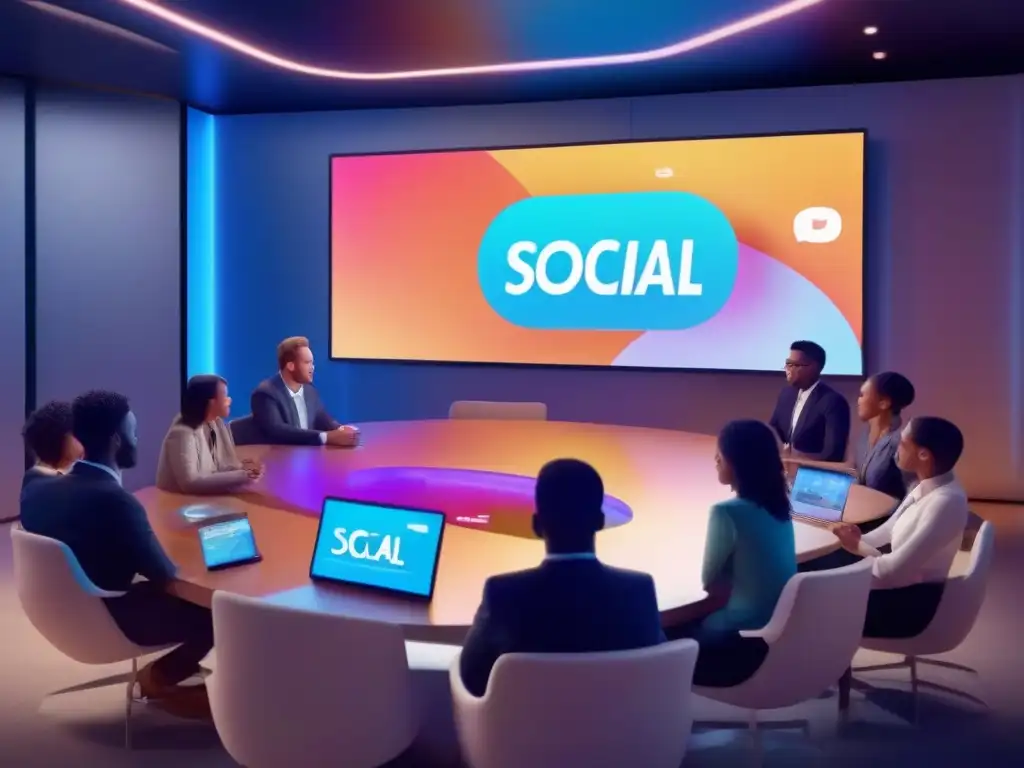 Sala de Videoconferencias Futurista con Interacción Social en Tiempo Real Videoconferencia futurista con integración de redes sociales, participantes en discusión animada y ambiente moderno