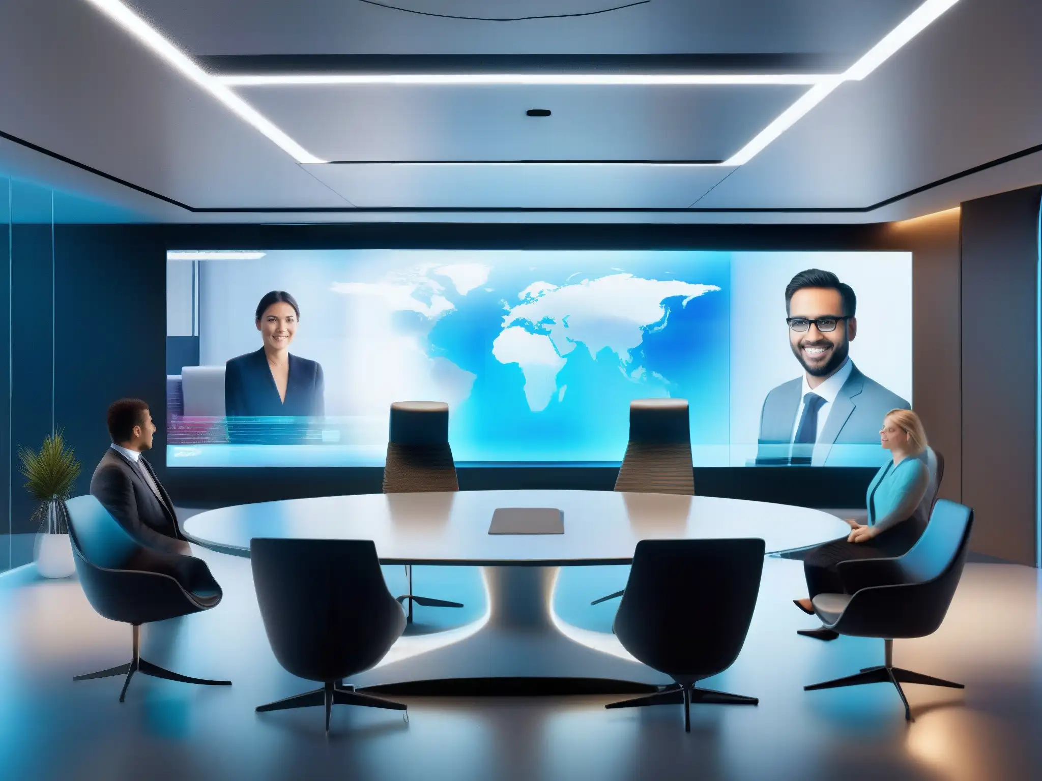 Salas de videoconferencia futuristas con IA y hologramas Videoconferencia futurista con inteligencia artificial y hologramas