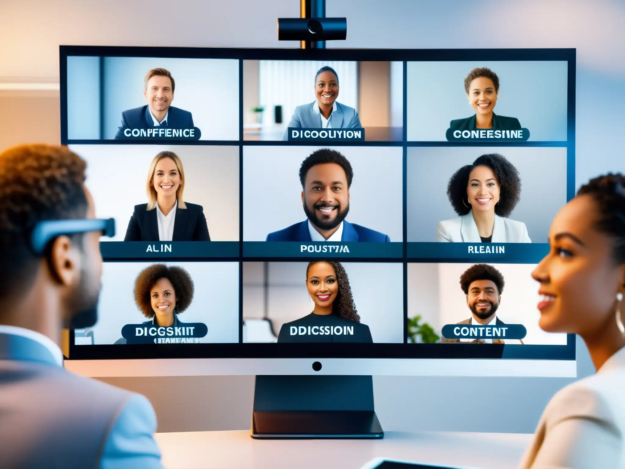 Videoconferencia AI: Moderación de contenido en tiempo real Una videoconferencia futurista muestra la moderación de contenido con inteligencia artificial