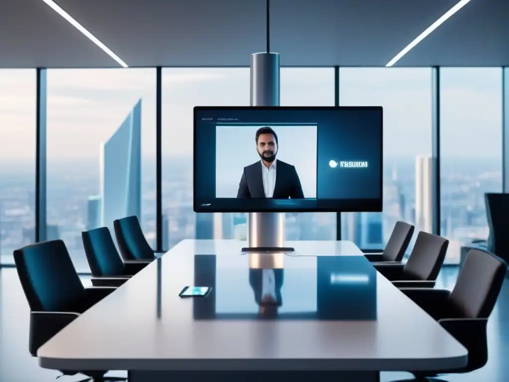 Conferencia virtual segura con tecnología futurista Una videoconferencia futurista con tecnologías emergentes de seguridad en una oficina moderna