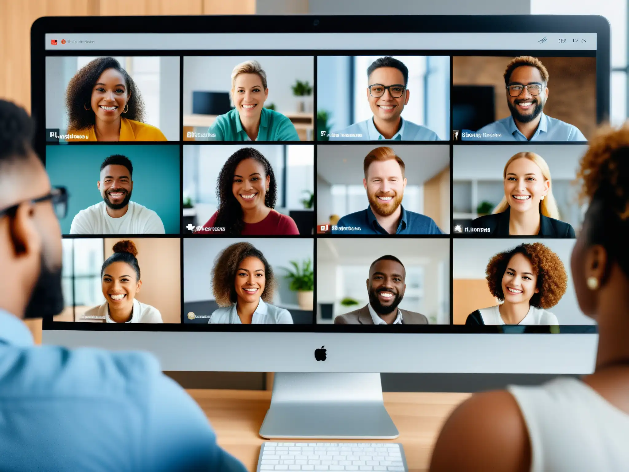 Videoconferencia inclusiva: diversidad y accesibilidad en comunicación Una videoconferencia inclusiva con funciones de accesibilidad, donde personas diversas se comunican con lenguaje de señas y tecnología adaptativa