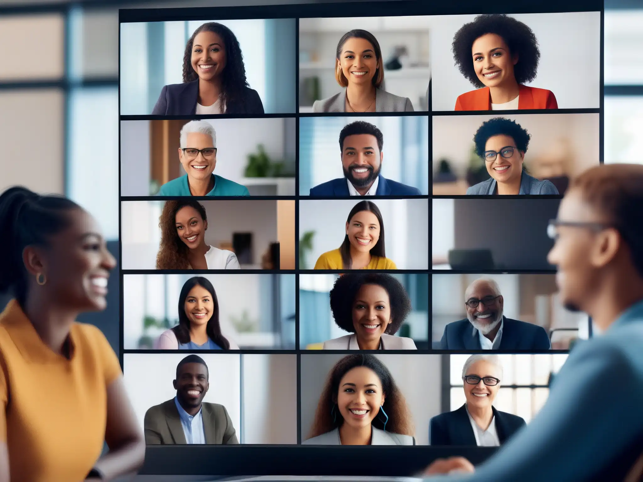 Videoconferencia inclusiva: diversidad en acción Una videoconferencia inclusiva con participantes diversos representando el desarrollo inclusivo en videoconferencias