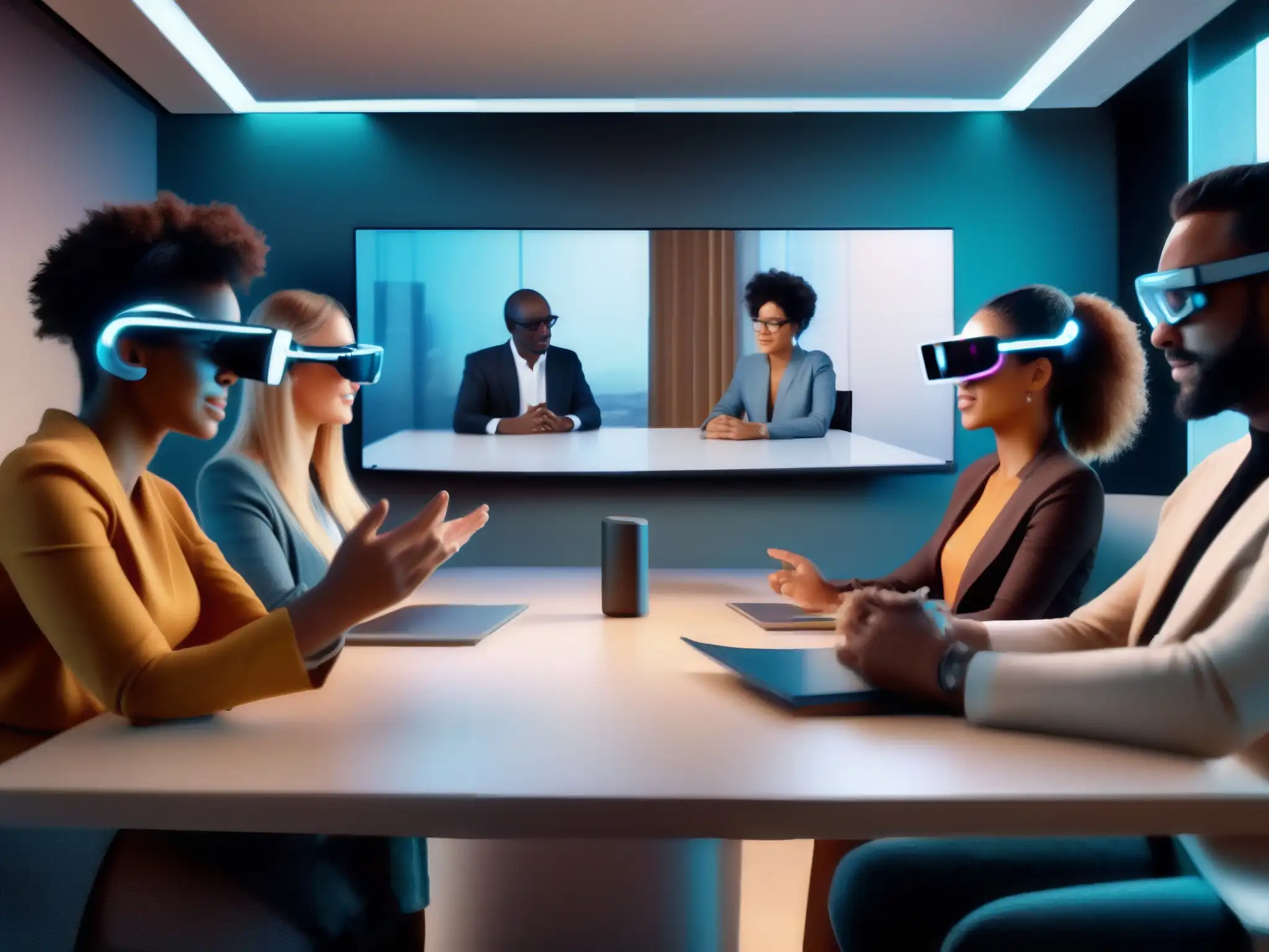 Reunión virtual en realidad aumentada: diversidad e innovación Una videoconferencia inclusiva en Realidad Aumentada: personas participando con entusiasmo en una sala futurista y bien iluminada