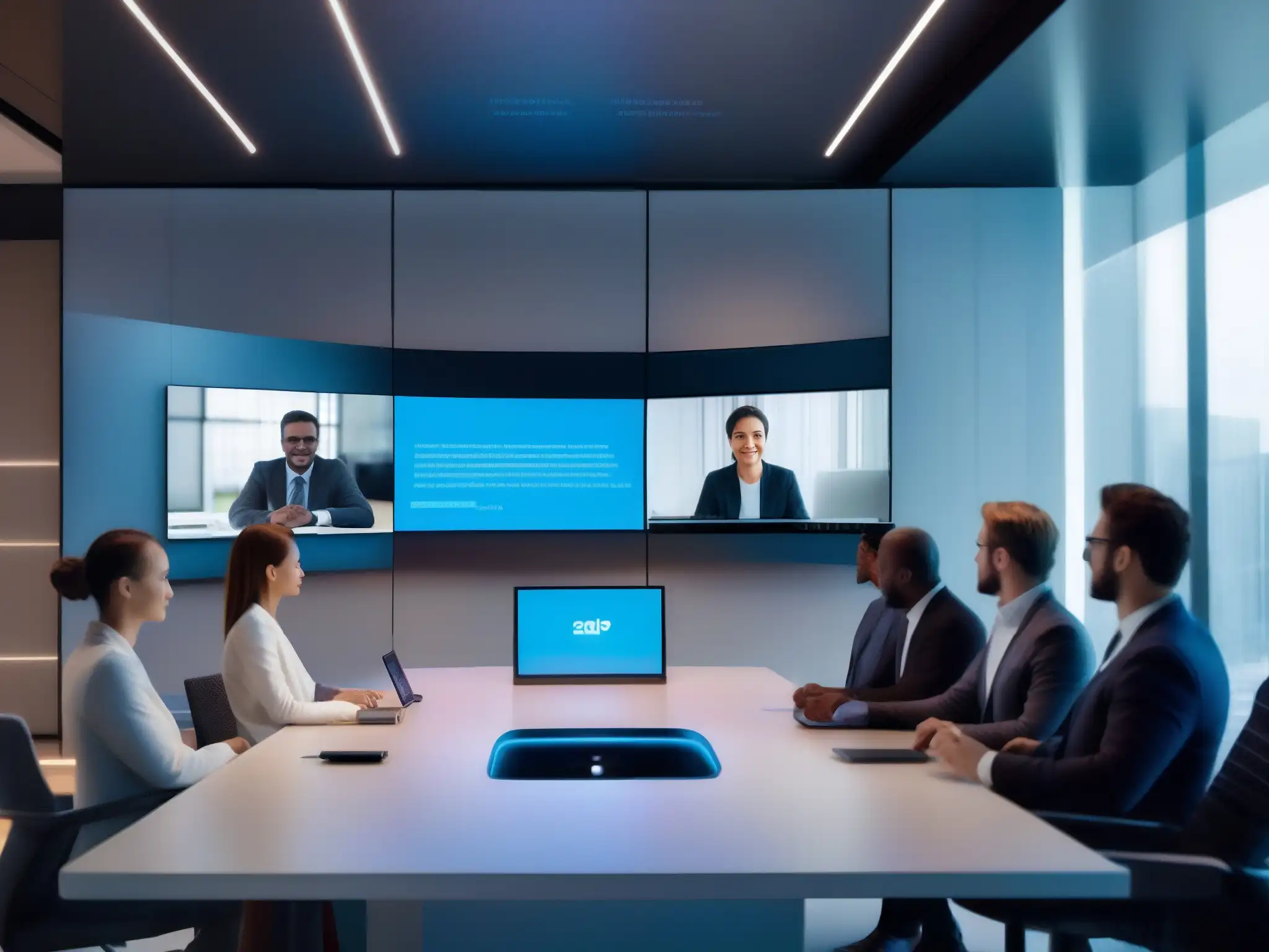 Videoconferencia futurista con IA Una videoconferencia con integración de inteligencia artificial en un entorno moderno y futurista, que transmite profesionalismo y avance tecnológico