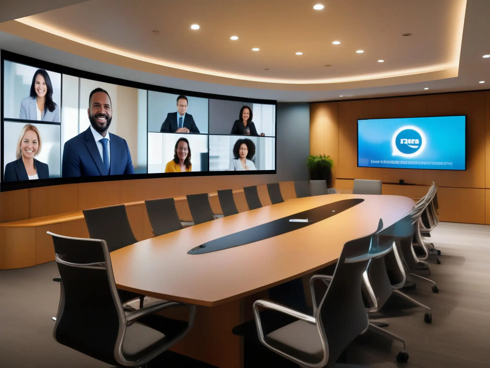 Sala de Conferencias Moderna con Videoconferencia de Calidad Una videoconferencia internacional profesional y colaborativa en una sala moderna con equipos de Chime y Zoom