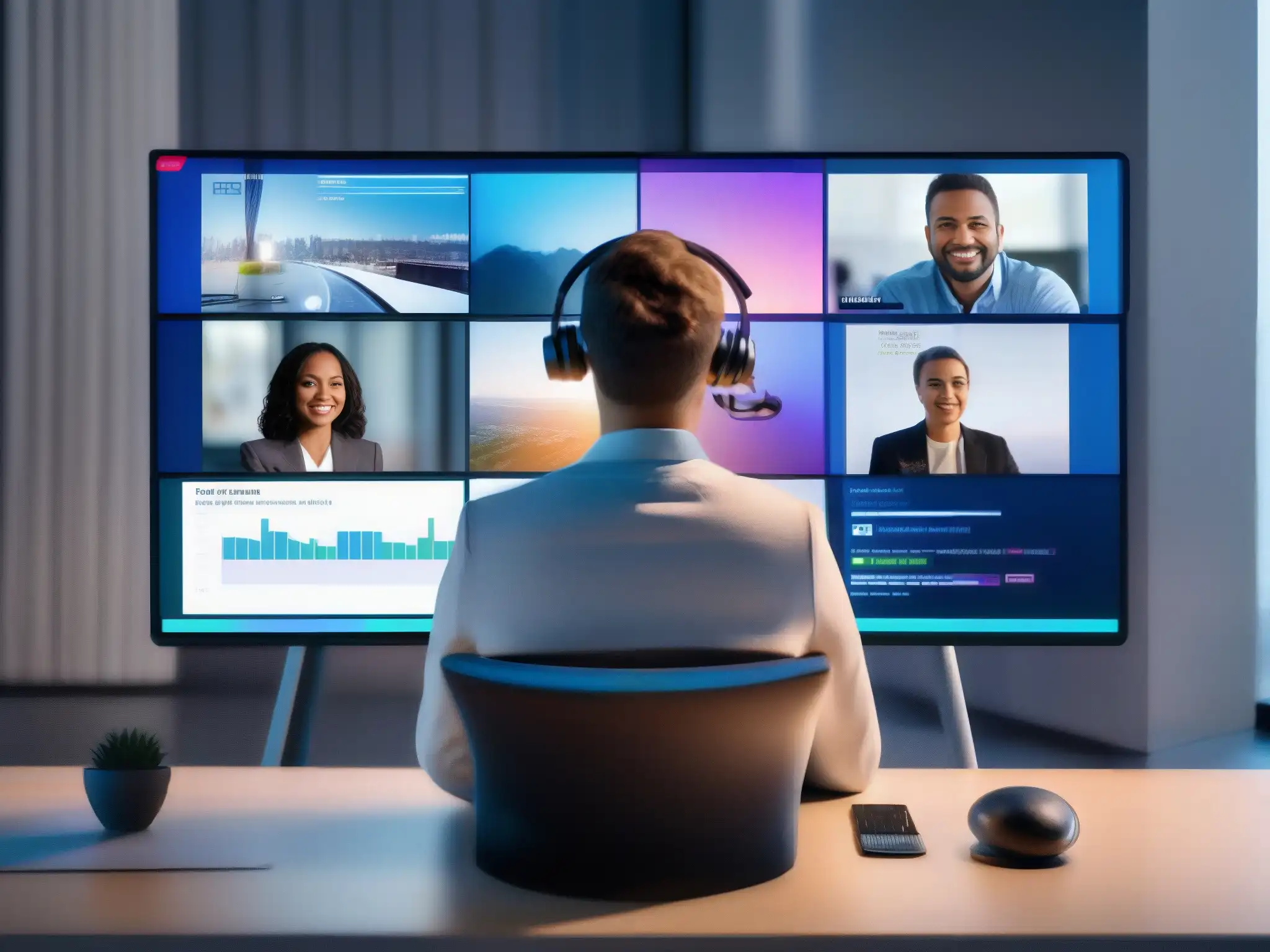 AI de vanguardia para moderación de contenido en videoconferencias Una videoconferencia con moderación de IA en tiempo real, mostrando diversidad y profesionalismo