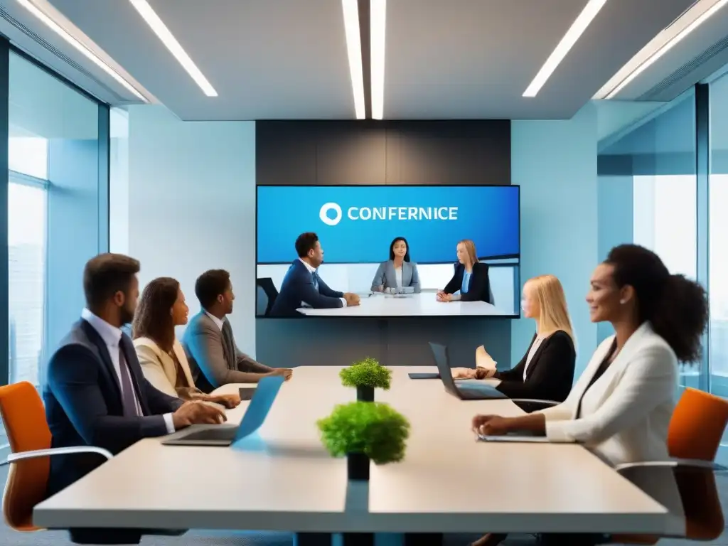 Conferencia virtual de alta calidad: reunión profesional en oficina moderna Una videoconferencia moderna y eficiente con participantes en una oficina bien iluminada, mostrando calidad de video nítida y un diseño minimalista