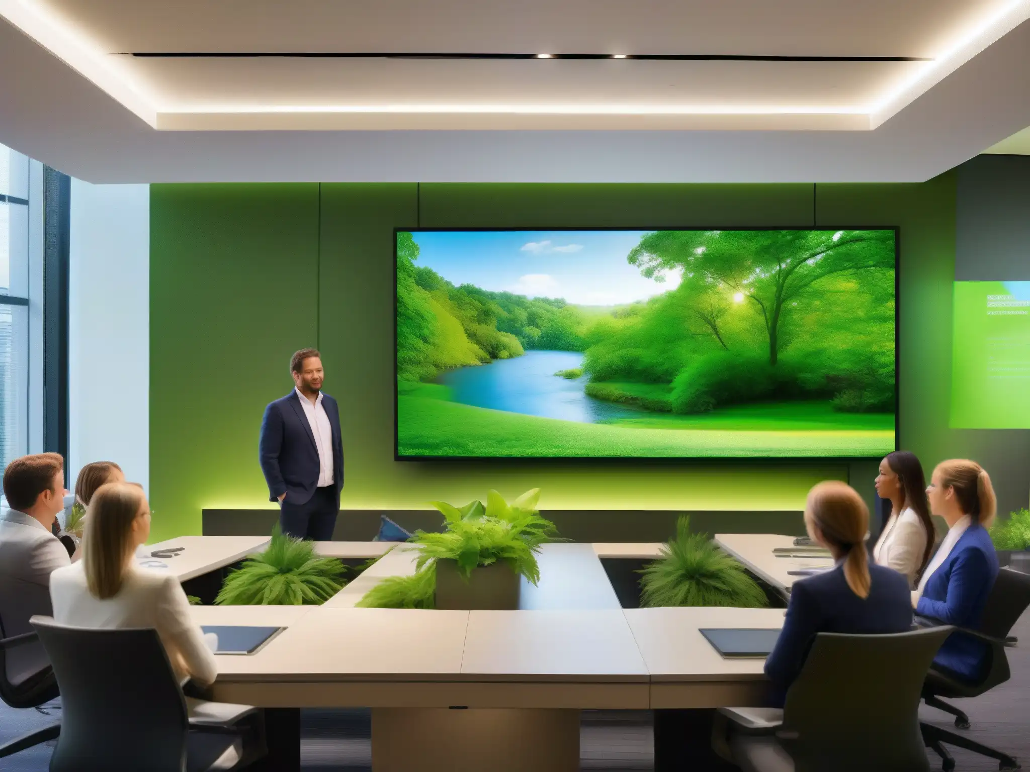 Videoconferencia sostenible: integración tecnológica y ecologismo Una videoconferencia moderna con impacto ambiental, integrando tecnología y sostenibilidad