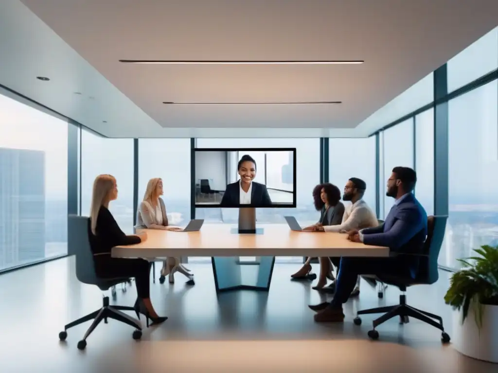 Videoconferencia segura: interfaz futurista y diversidad profesional Videoconferencia moderna con autenticación multifactor y protección de datos en un espacio de oficina minimalista