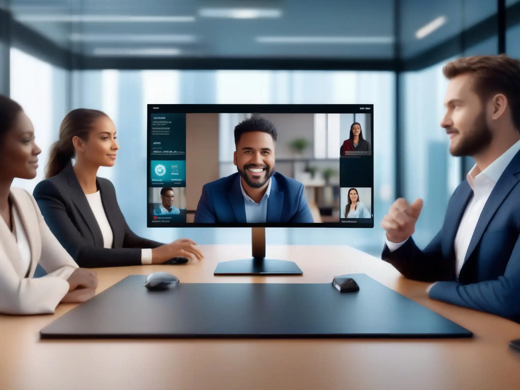 Videoconferencia de alta resolución en monitor moderno Videoconferencia de alta resolución en una moderna pantalla de ordenador