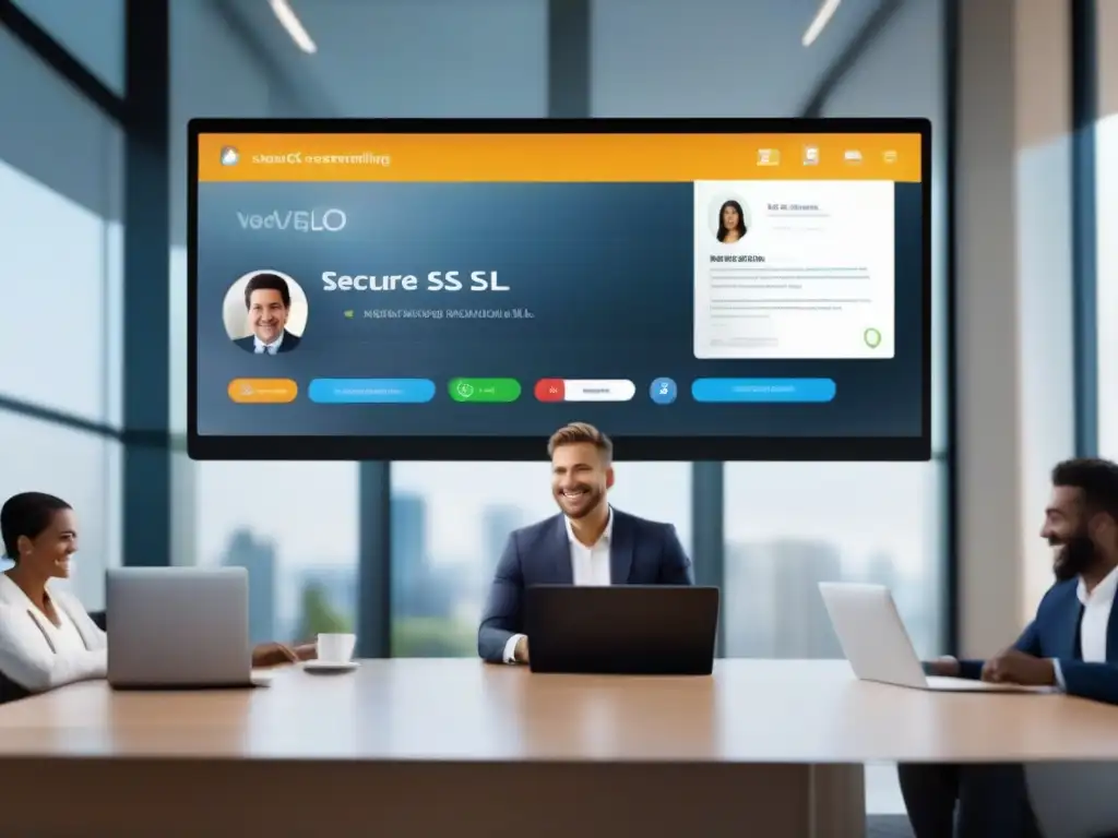 Interfaz de videoconferencia segura con certificado SSL Una videoconferencia moderna y segura con certificados SSL, transmitiendo confianza y profesionalismo