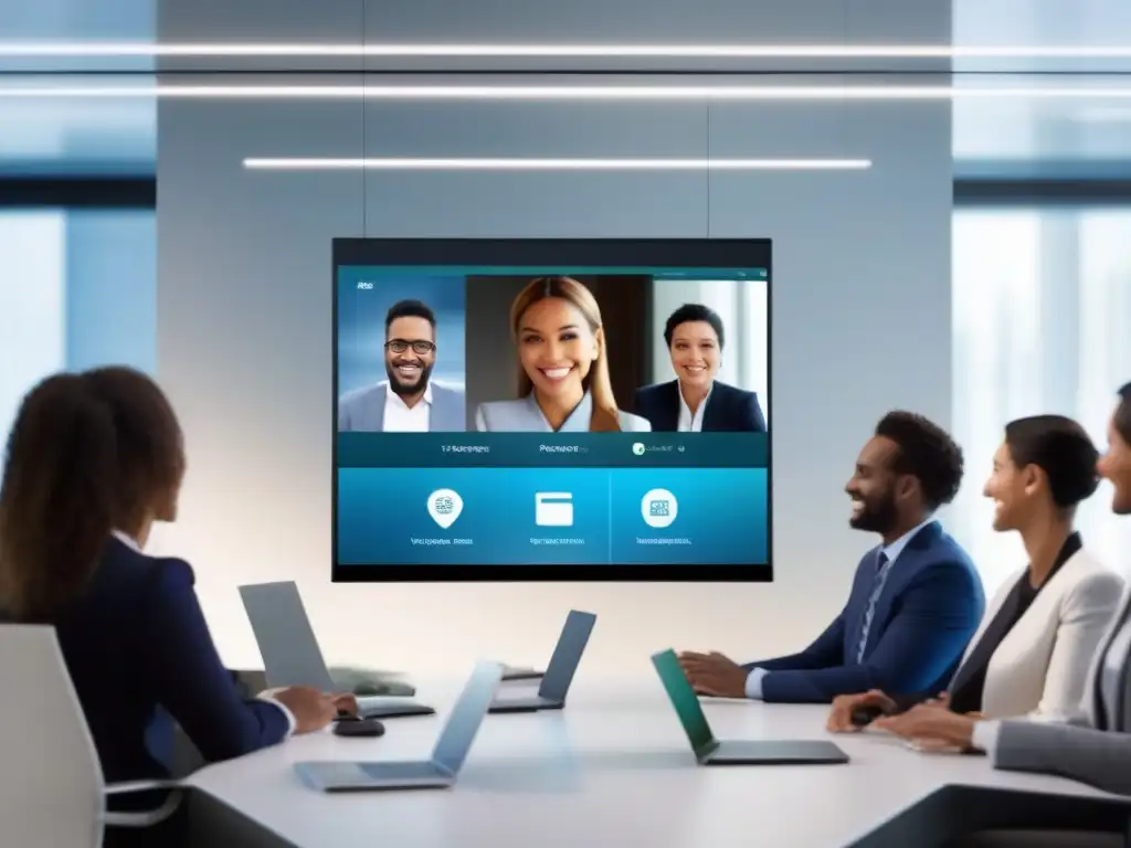 Videoconferencia segura y profesional: calidad y control Una videoconferencia moderna y segura con participantes nítidos en una sala virtual profesional