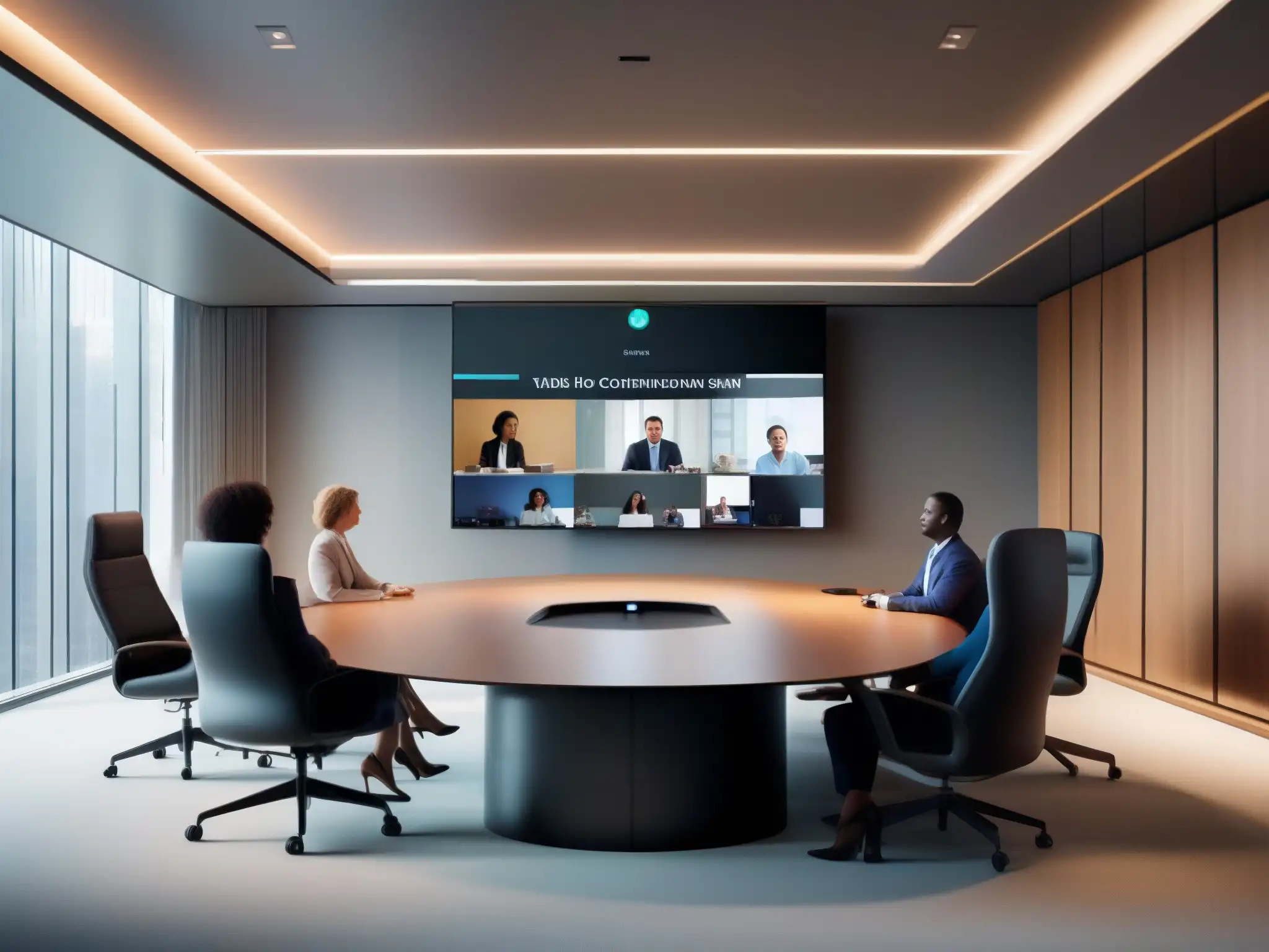 Sala de juntas moderna y eficiente para videoconferencias Videoconferencia multinacional optimizada en sala de juntas moderna y luminosa