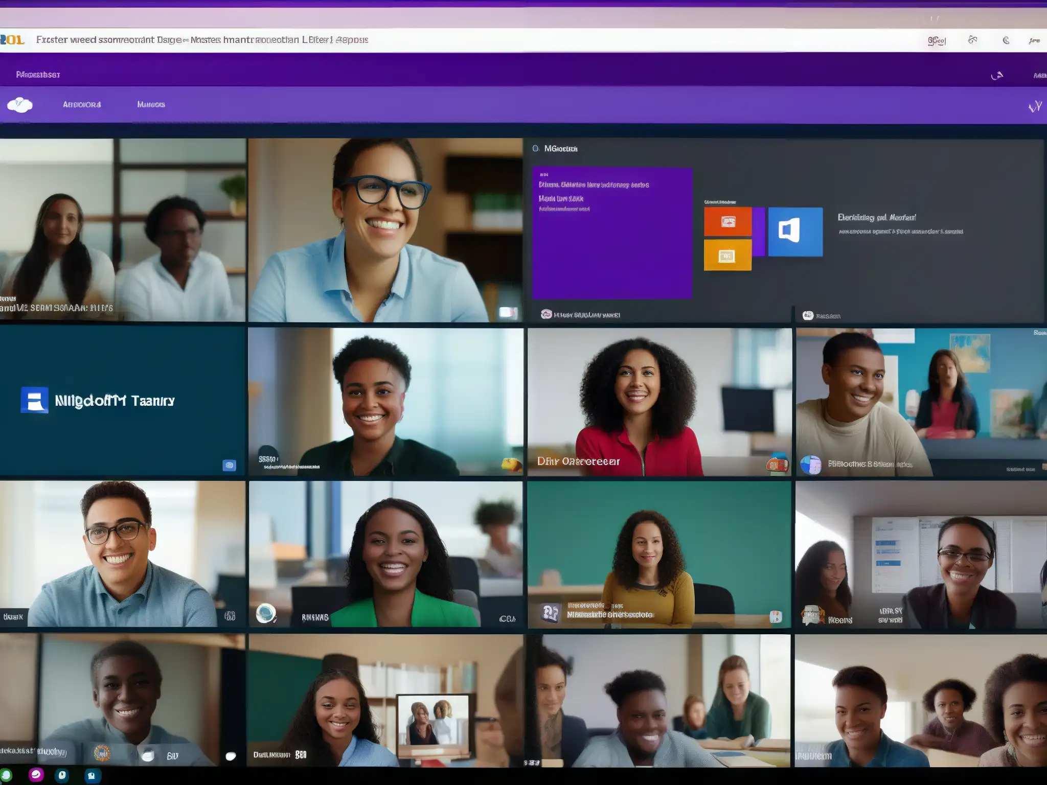 Clase virtual dinámica con Microsoft Teams Una videoconferencia en pantalla dividida muestra a estudiantes participativos y un profesor usando Microsoft Teams para maximizar potencial didáctico