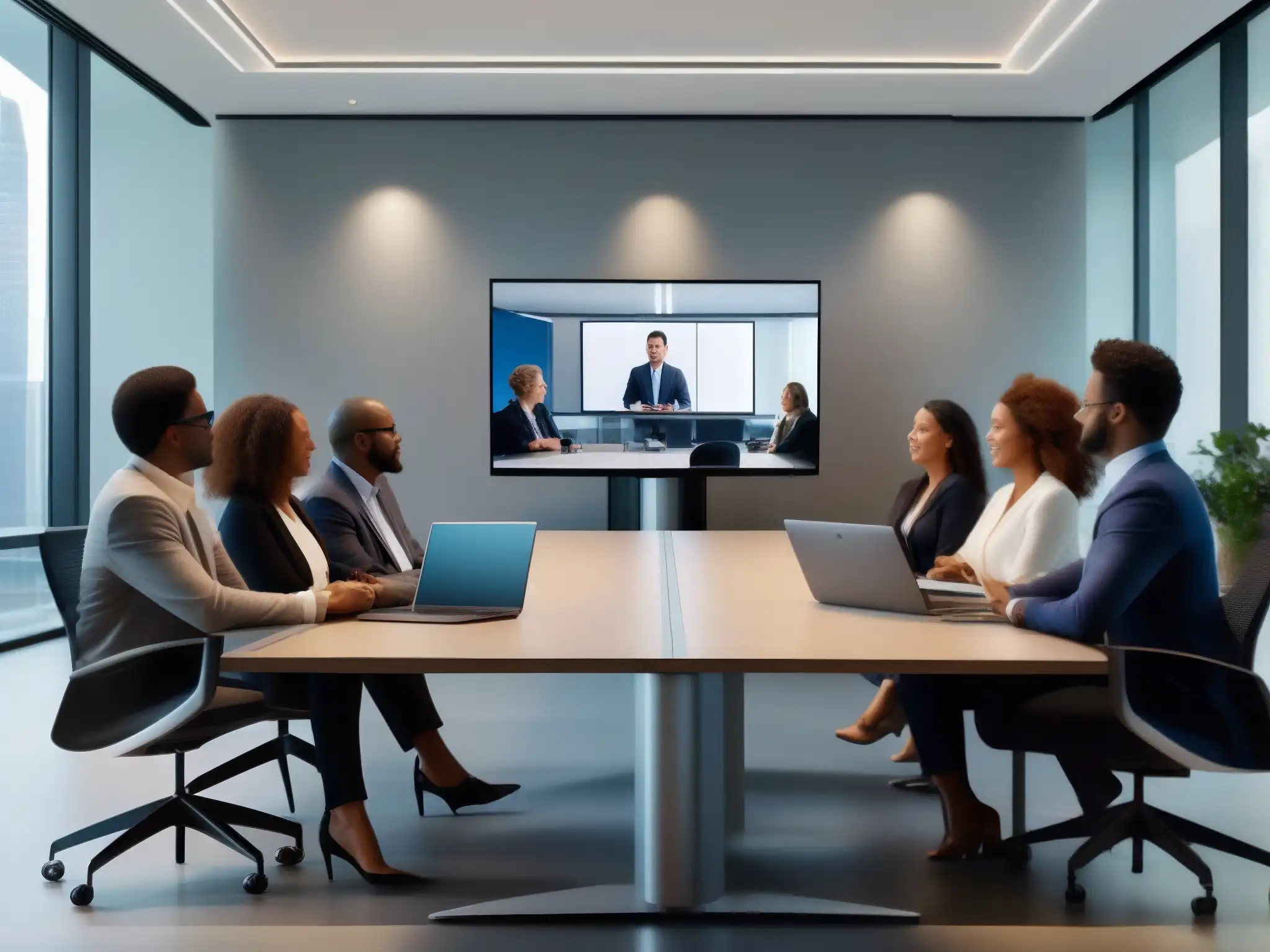 Videoconferencia profesional: moderna y sofisticada Una videoconferencia profesional con API de alta calidad, iluminación natural y participantes comprometidos en una discusión colaborativa
