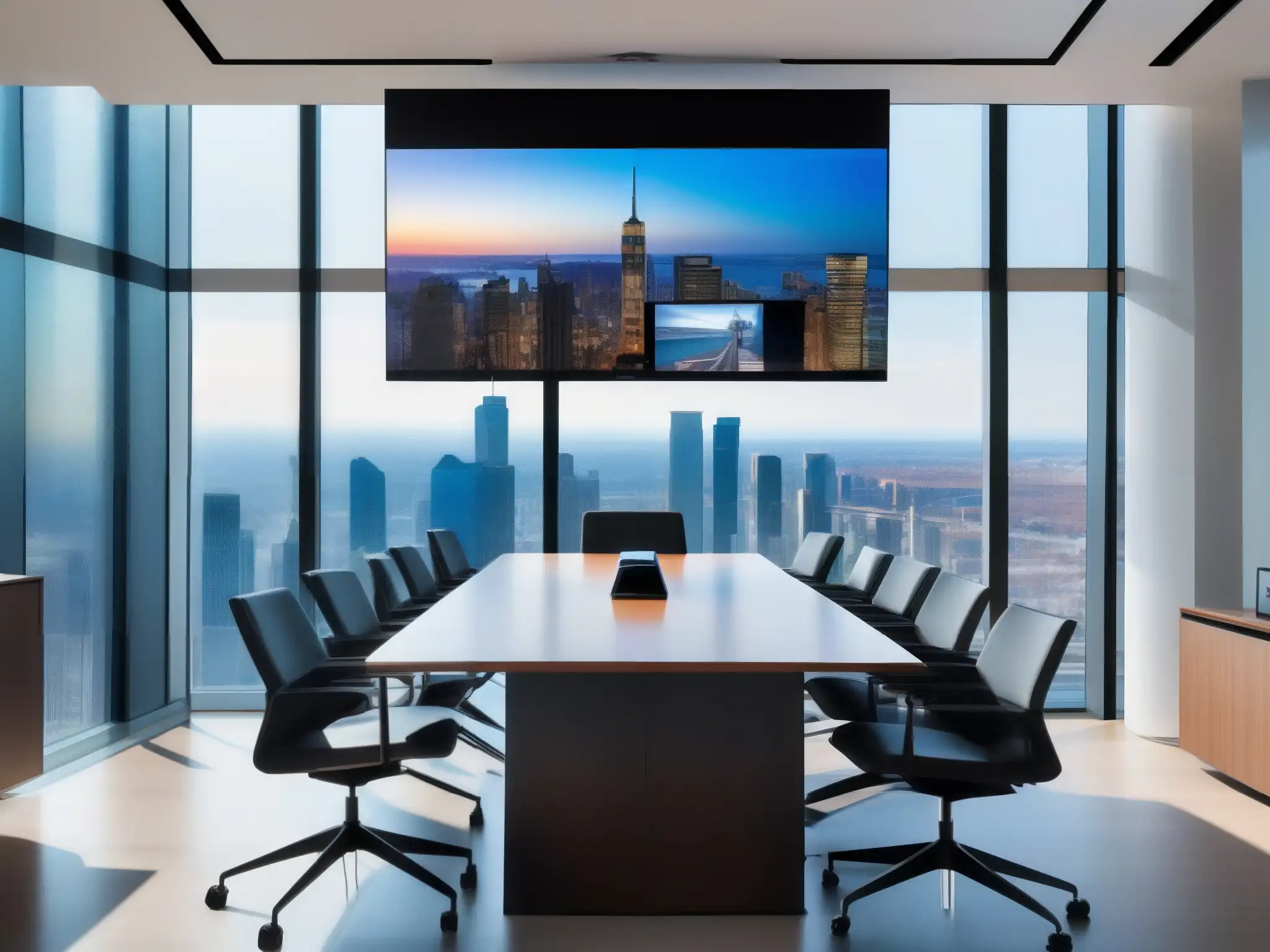 Oficina futurista con equipo de videoconferencia de alta tecnología Una videoconferencia profesional con desafíos de ciberseguridad en un entorno moderno y luminoso de oficina con vista a la ciudad