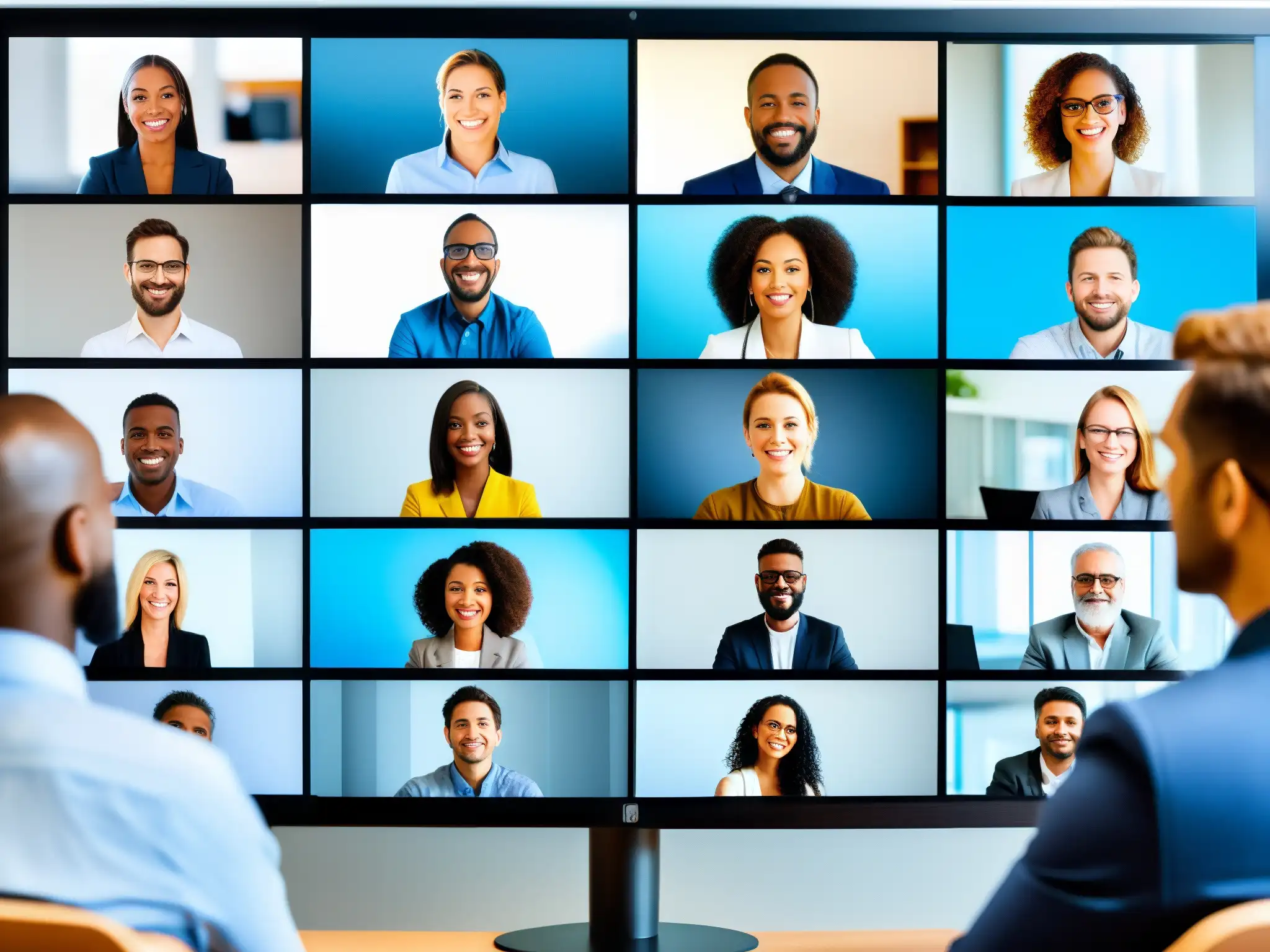 Profesionales diversos en videoconferencia segura Una videoconferencia profesional y diversa, resaltando la importancia de la seguridad en webcams y micrófonos