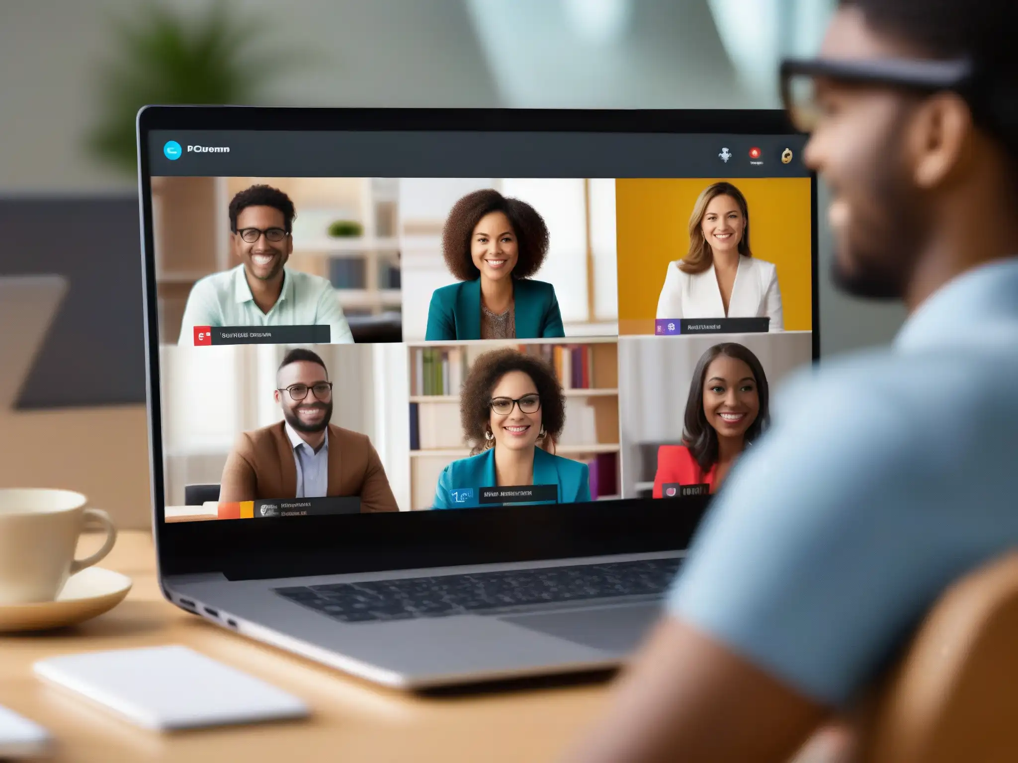 Clase virtual dinámica con ClickMeeting Una videoconferencia profesional muestra a estudiantes comprometidos y un educador liderando una discusión dinámica