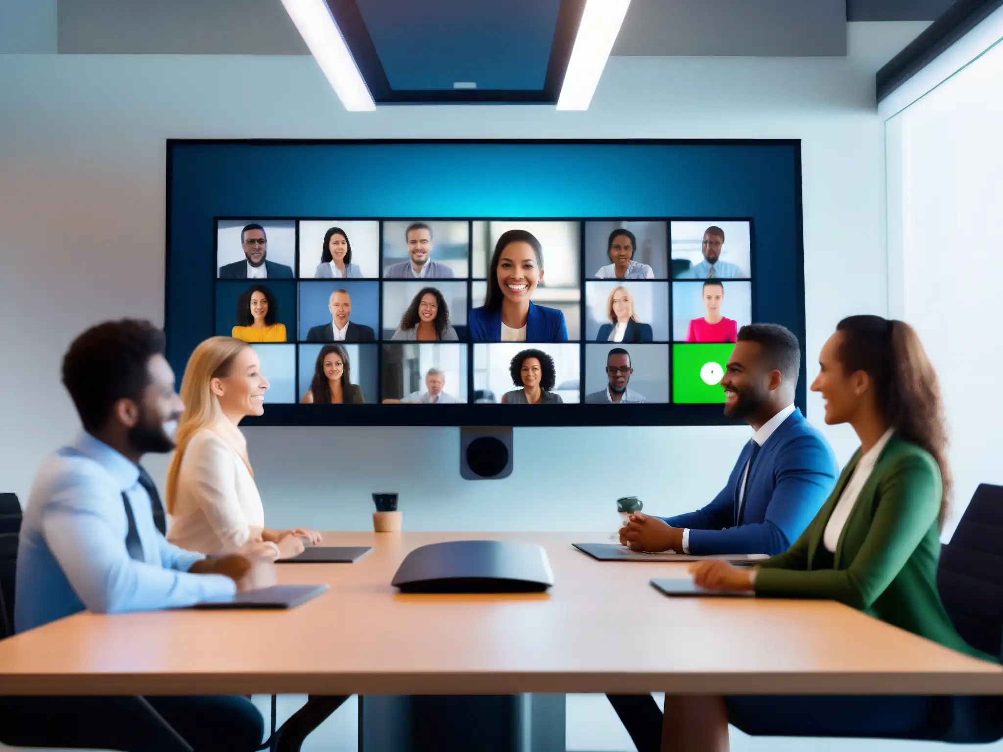 Videoconferencia profesional con calidad de imagen nítida Videoconferencia profesional con excelente calidad de imagen y participantes comprometidos en un ambiente moderno