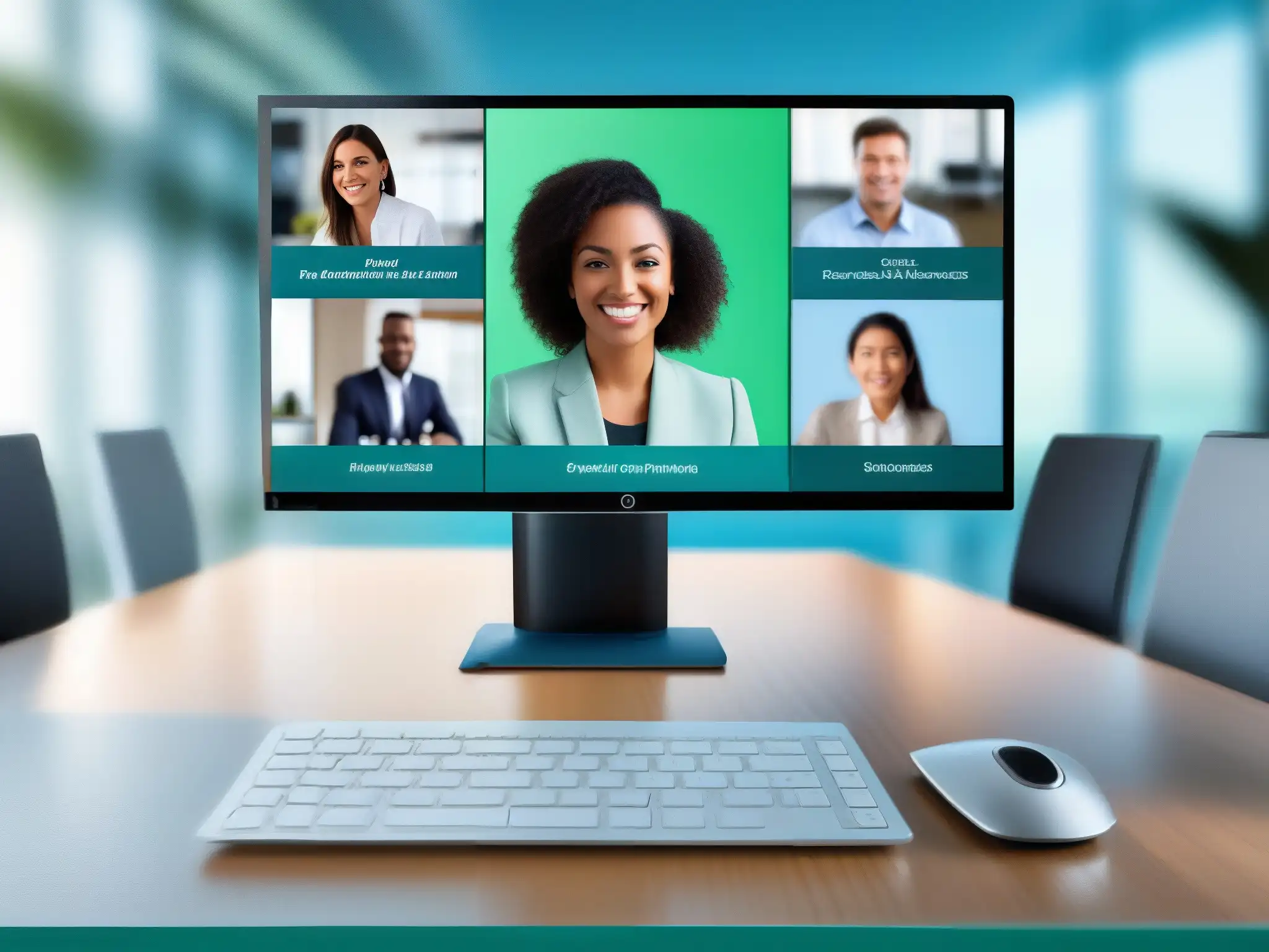 Interfaz de videoconferencia moderna y profesional Una videoconferencia profesional con una interfaz moderna y armoniosa que destaca la importancia de la psicología del color en el diseño de interfaces