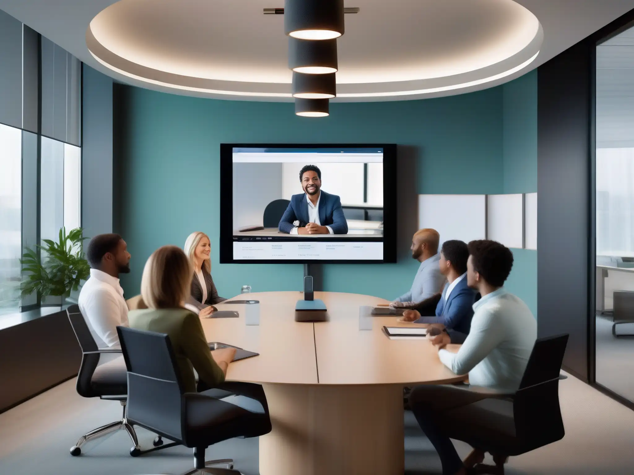 Conferencia virtual profesional: productividad y compromiso Una videoconferencia profesional en una oficina moderna y luminosa