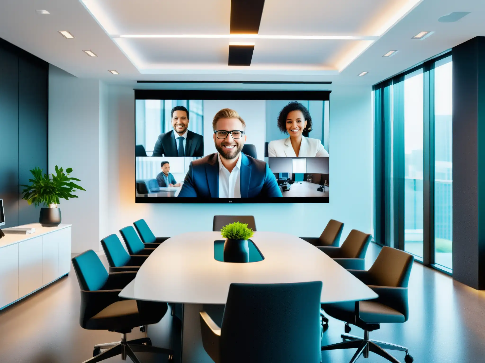 Videoconferencia profesional en oficina moderna: 8k ultradetallada Una videoconferencia profesional en una oficina moderna con soluciones escalables para PYMES